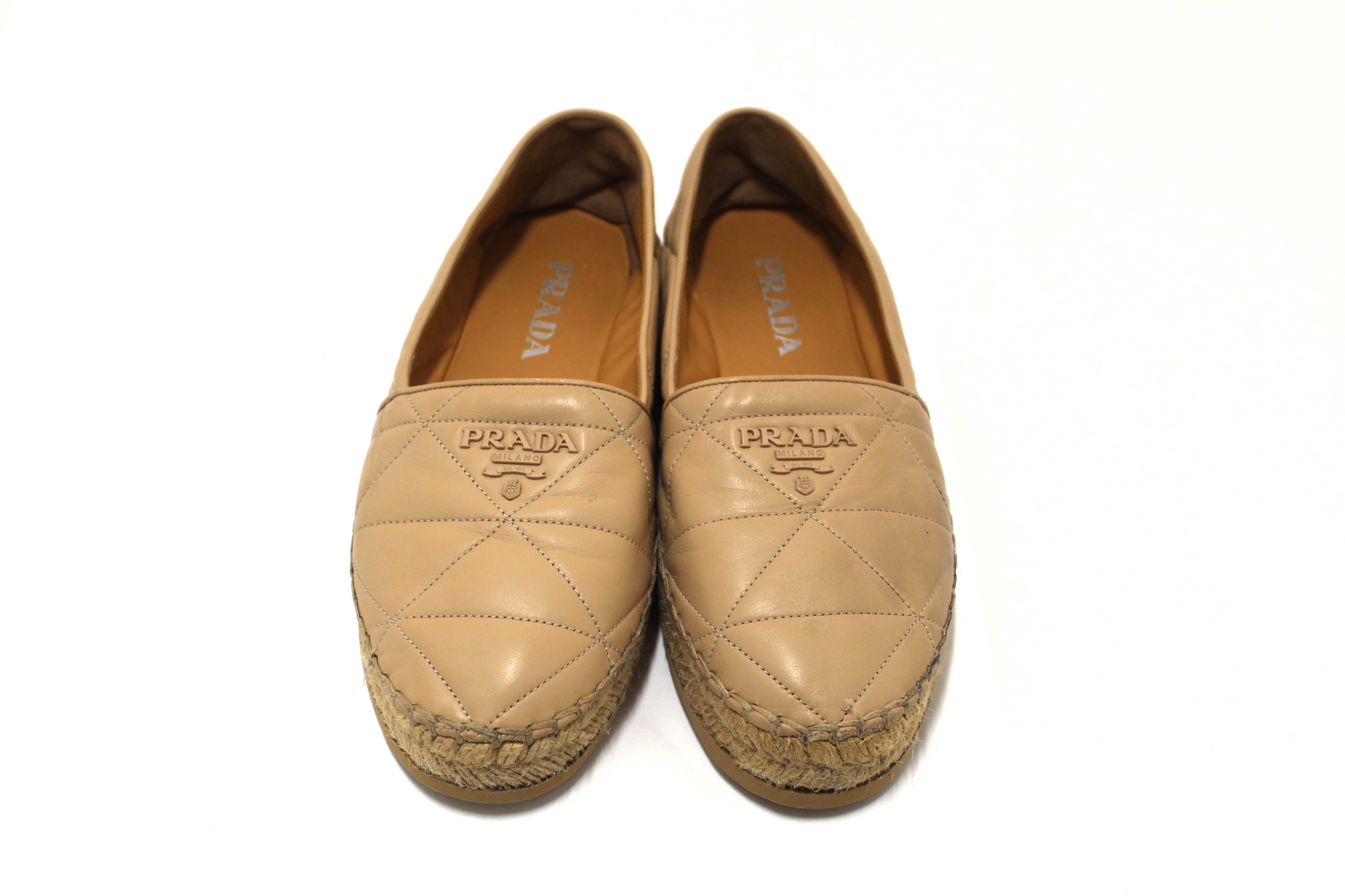 Authentic Prada Camel Nappa Leather Espadrilles Shoes Size 37.5