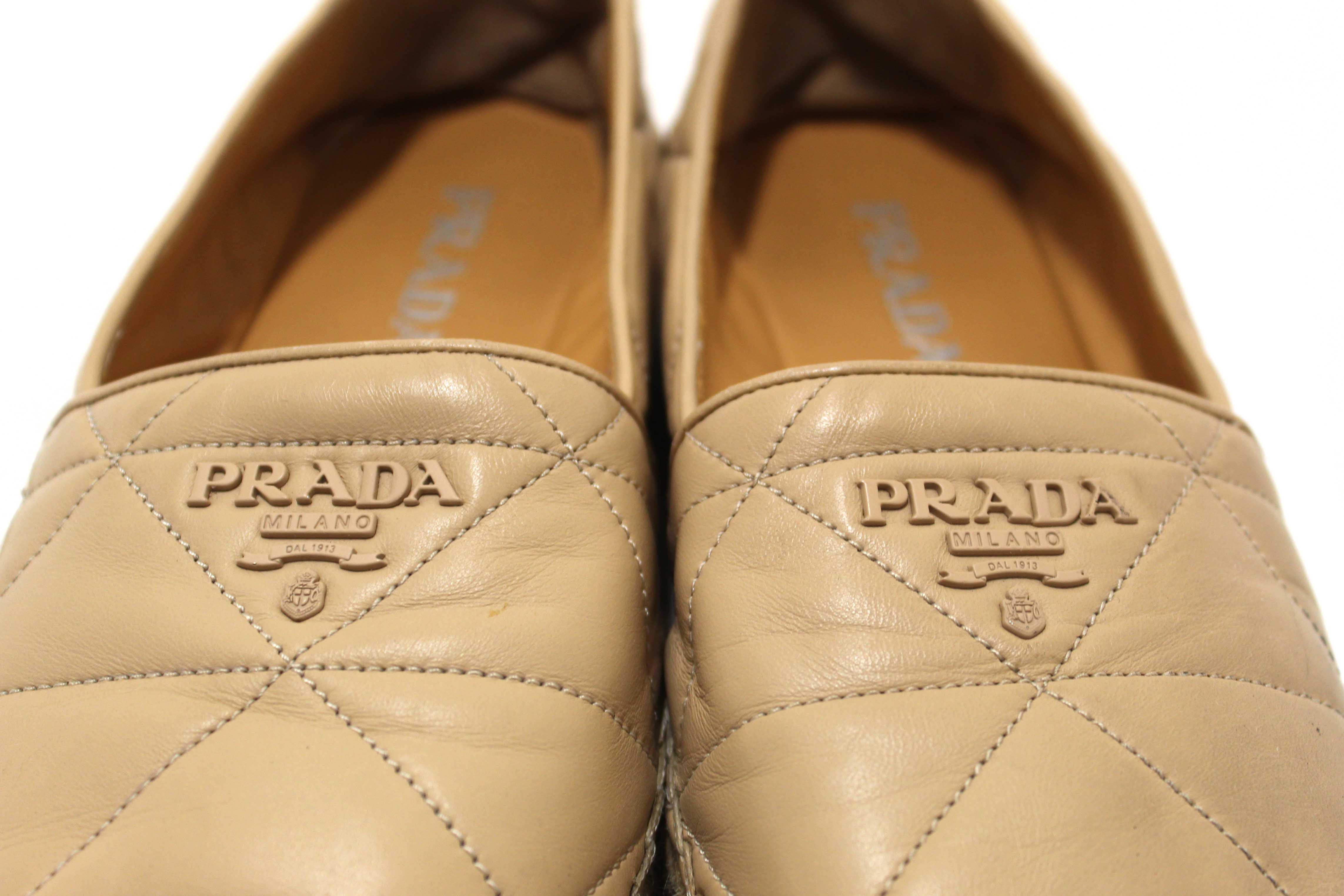 Authentic Prada Camel Nappa Leather Espadrilles Shoes Size 37.5