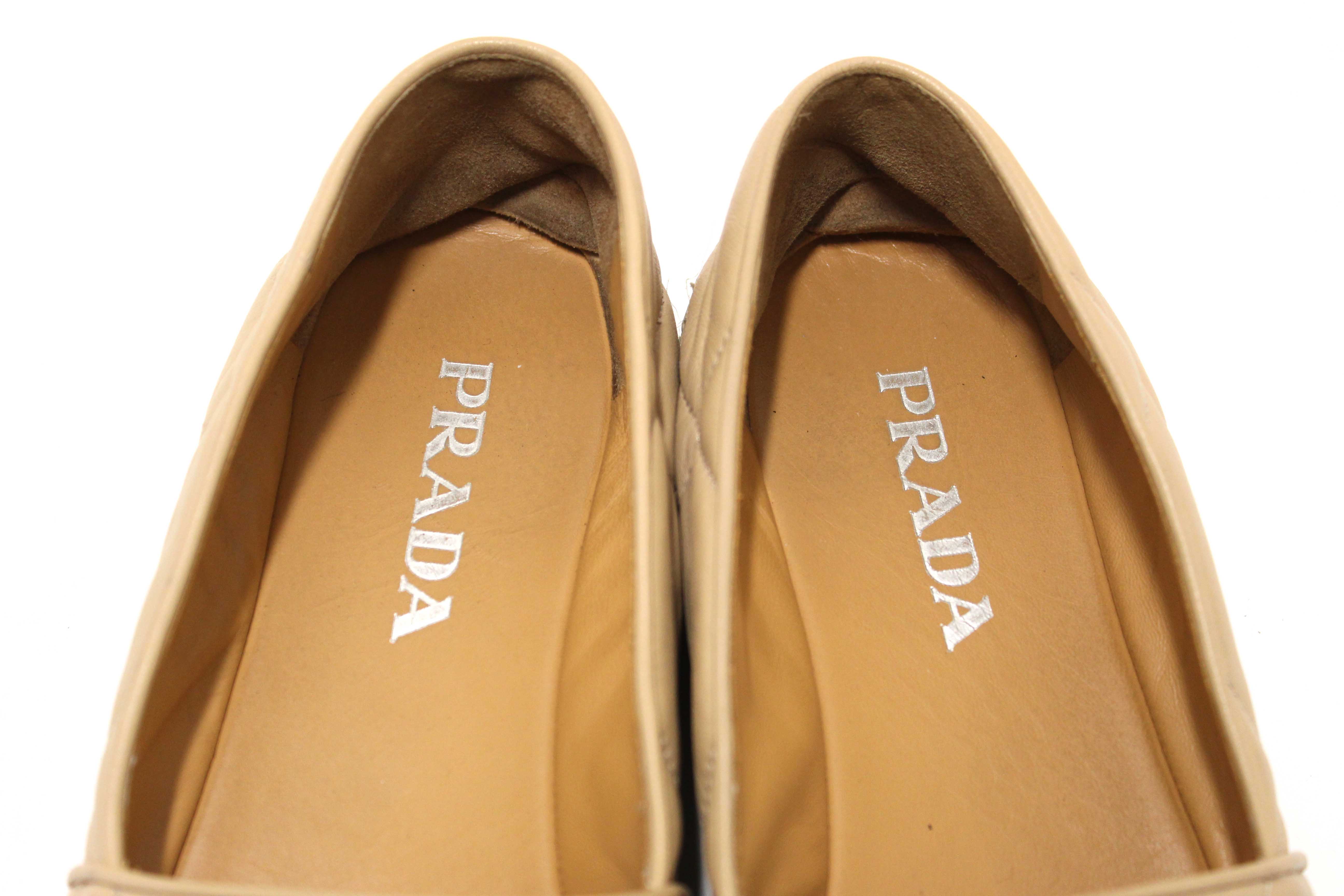 Authentic Prada Camel Nappa Leather Espadrilles Shoes Size 37.5