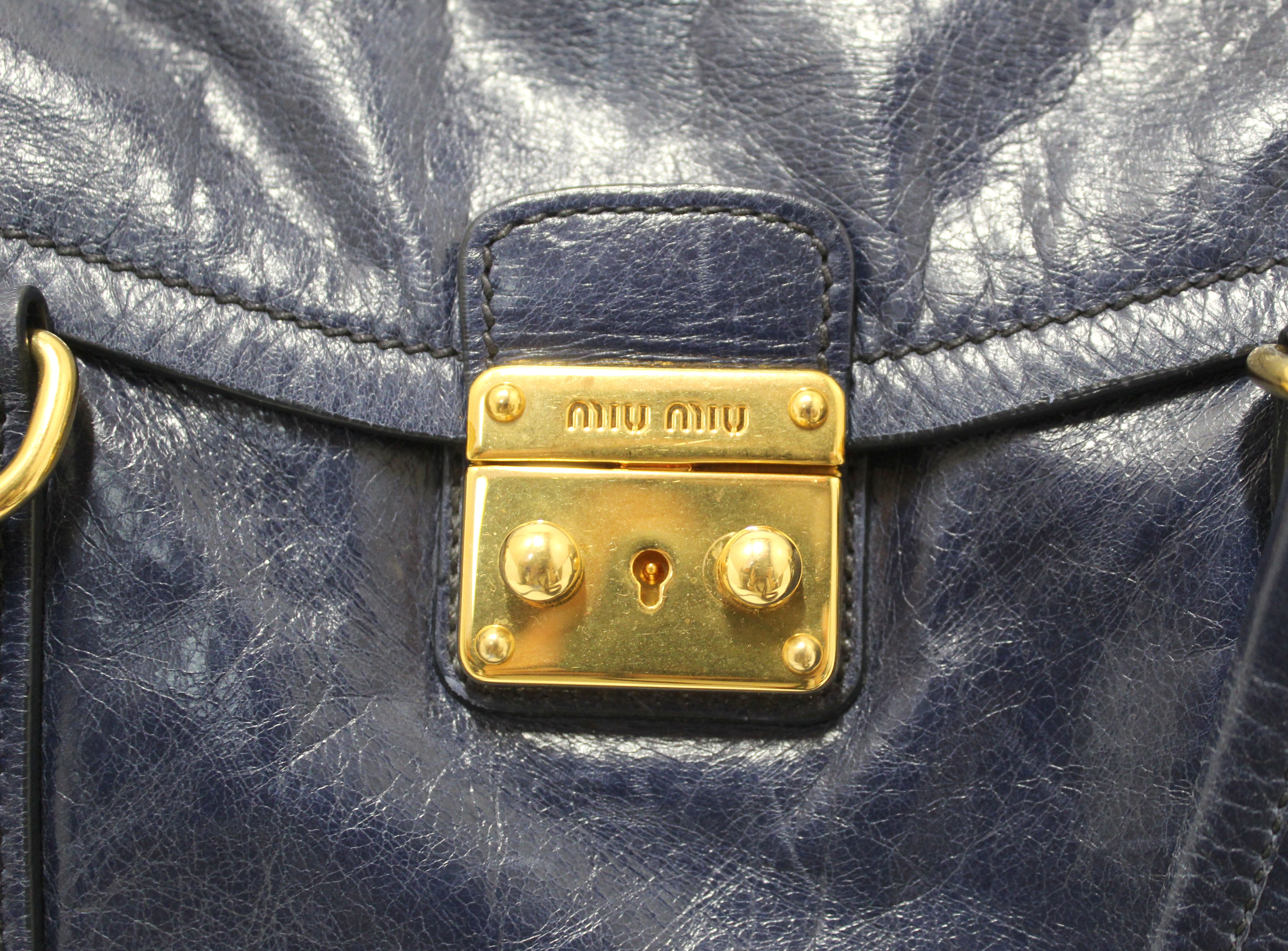 Authentic Miu Miu Blue Vitello Shine Leather Push Lock Flap Shoulder Tote