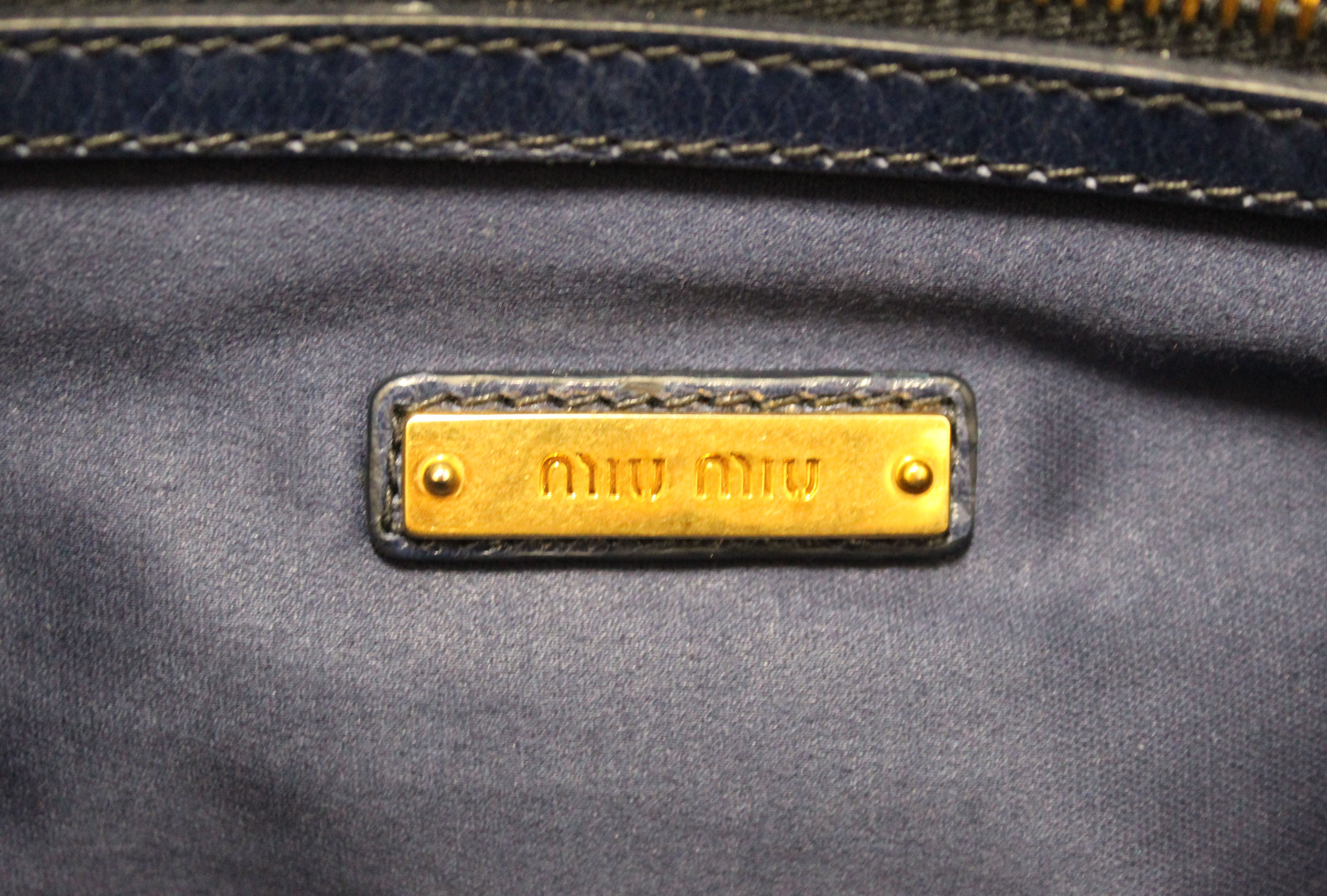 Authentic Miu Miu Blue Vitello Shine Leather Push Lock Flap Shoulder Tote