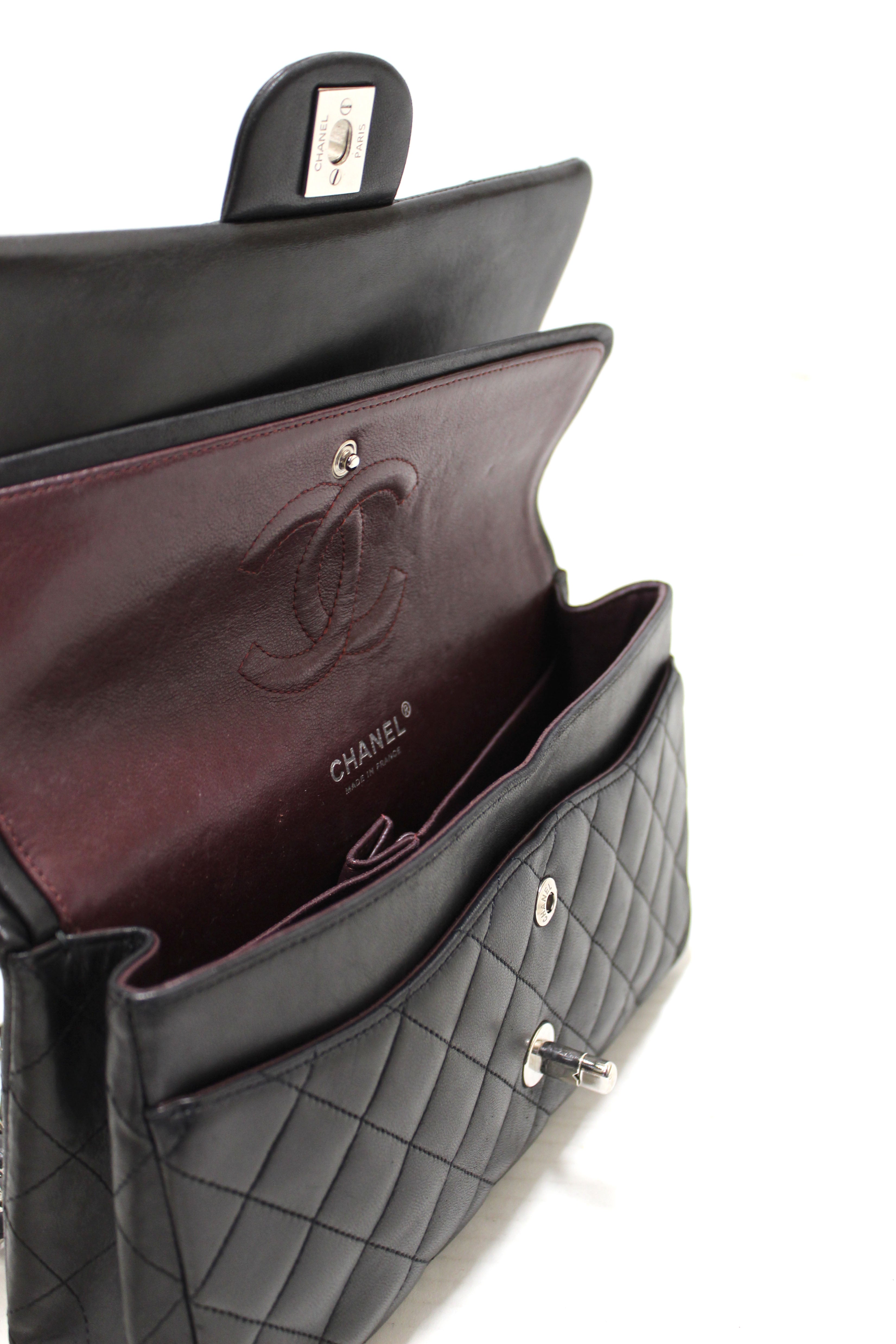 Authentic Chanel Black Lambskin Leather Medium Classic Flap Chain Bag