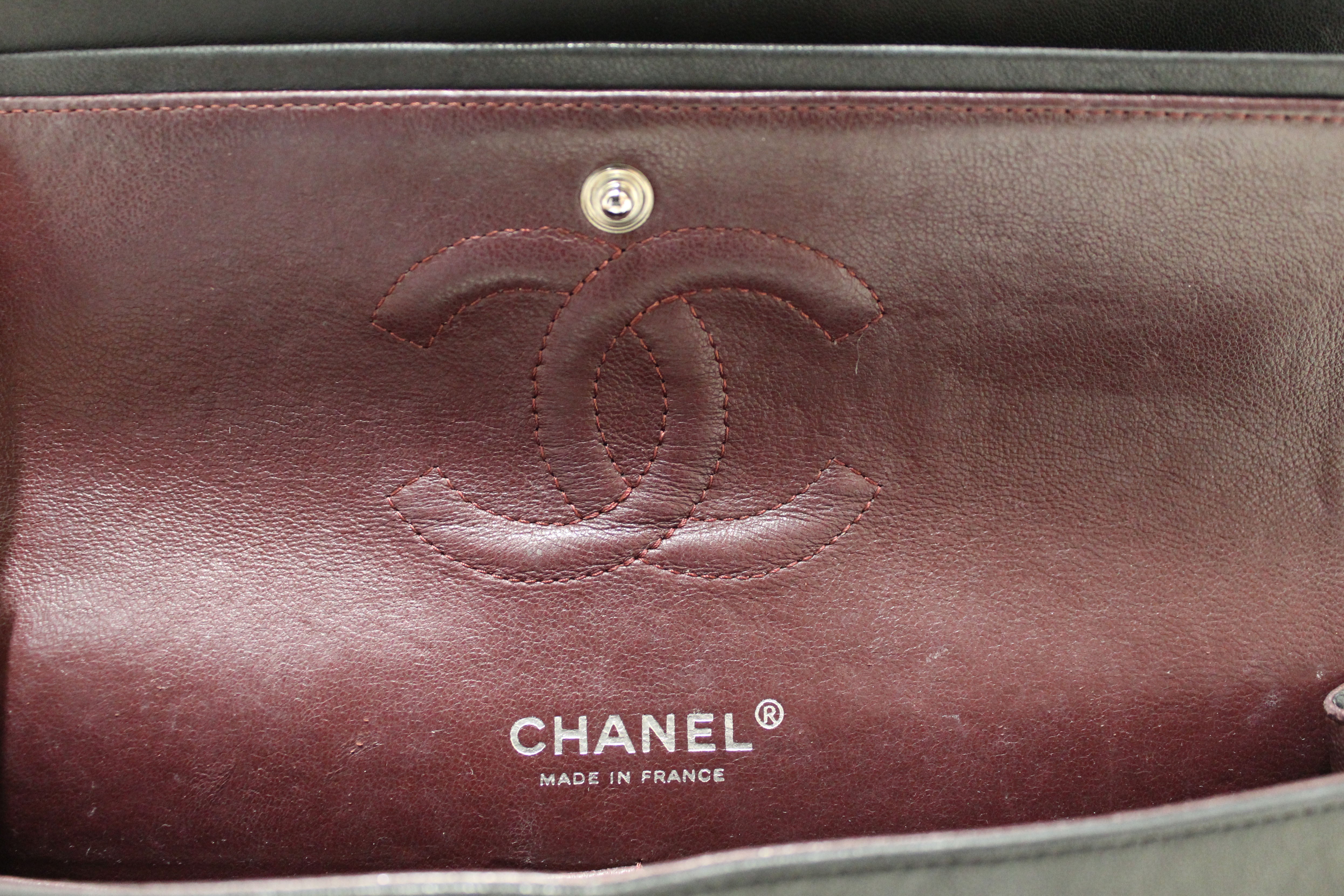 Authentic Chanel Black Lambskin Leather Medium Classic Flap Chain Bag