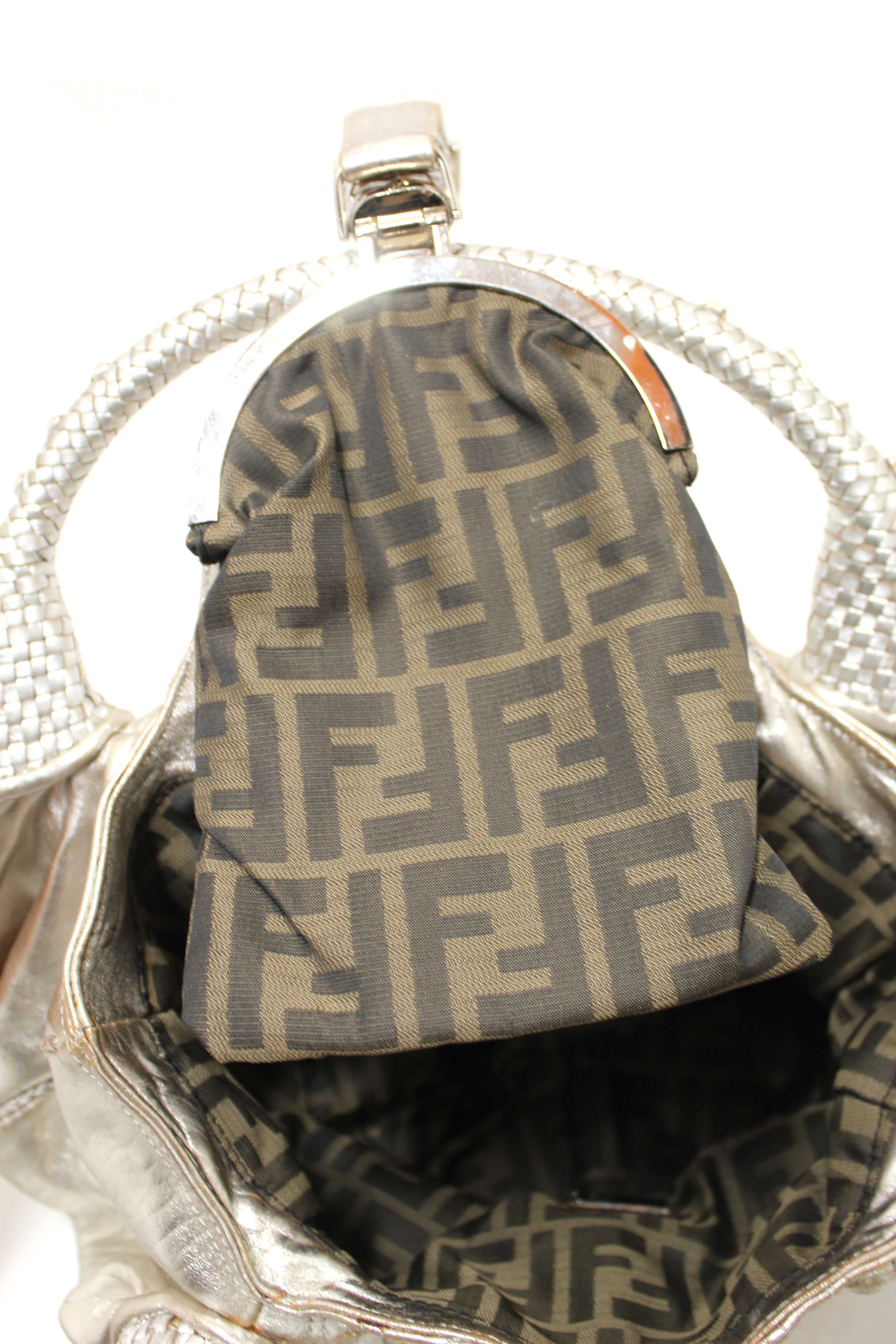 Authentic Fendi Silver Metallic Nappa Leather Spy Medium Bag