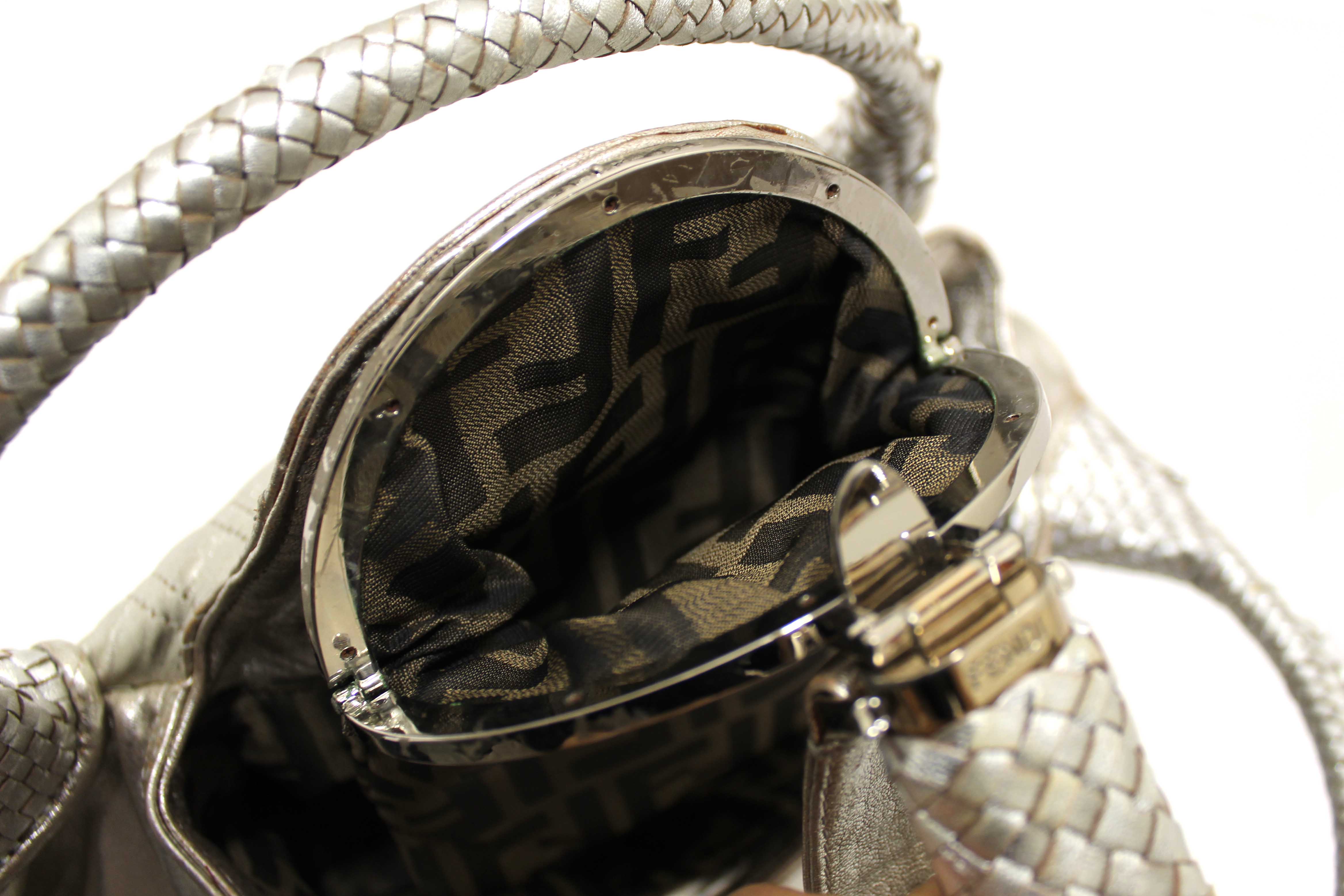 Authentic Fendi Silver Metallic Nappa Leather Spy Medium Bag