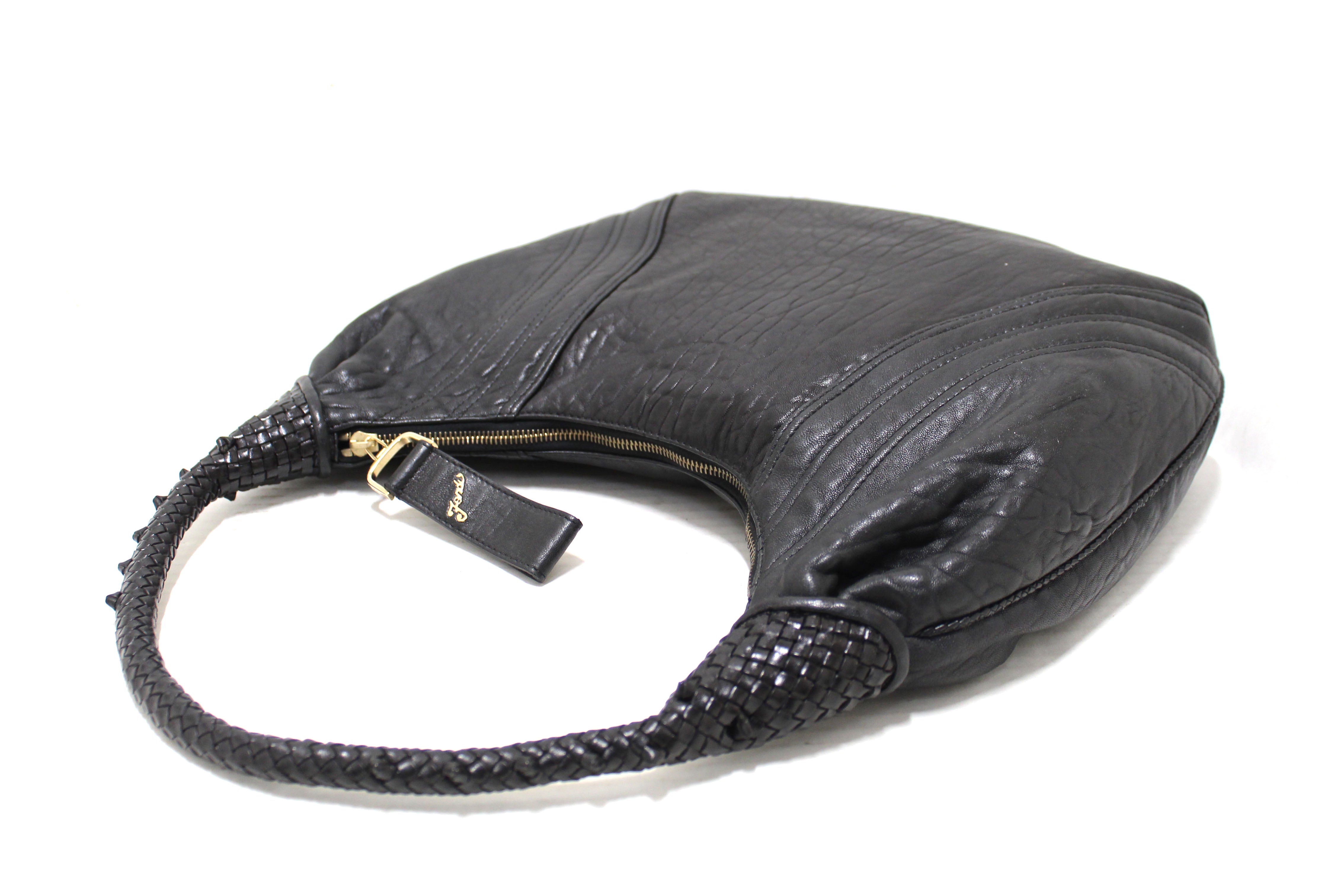 Authentic Fendi Black Grained Leather Spy Hobo Shoulder Bag