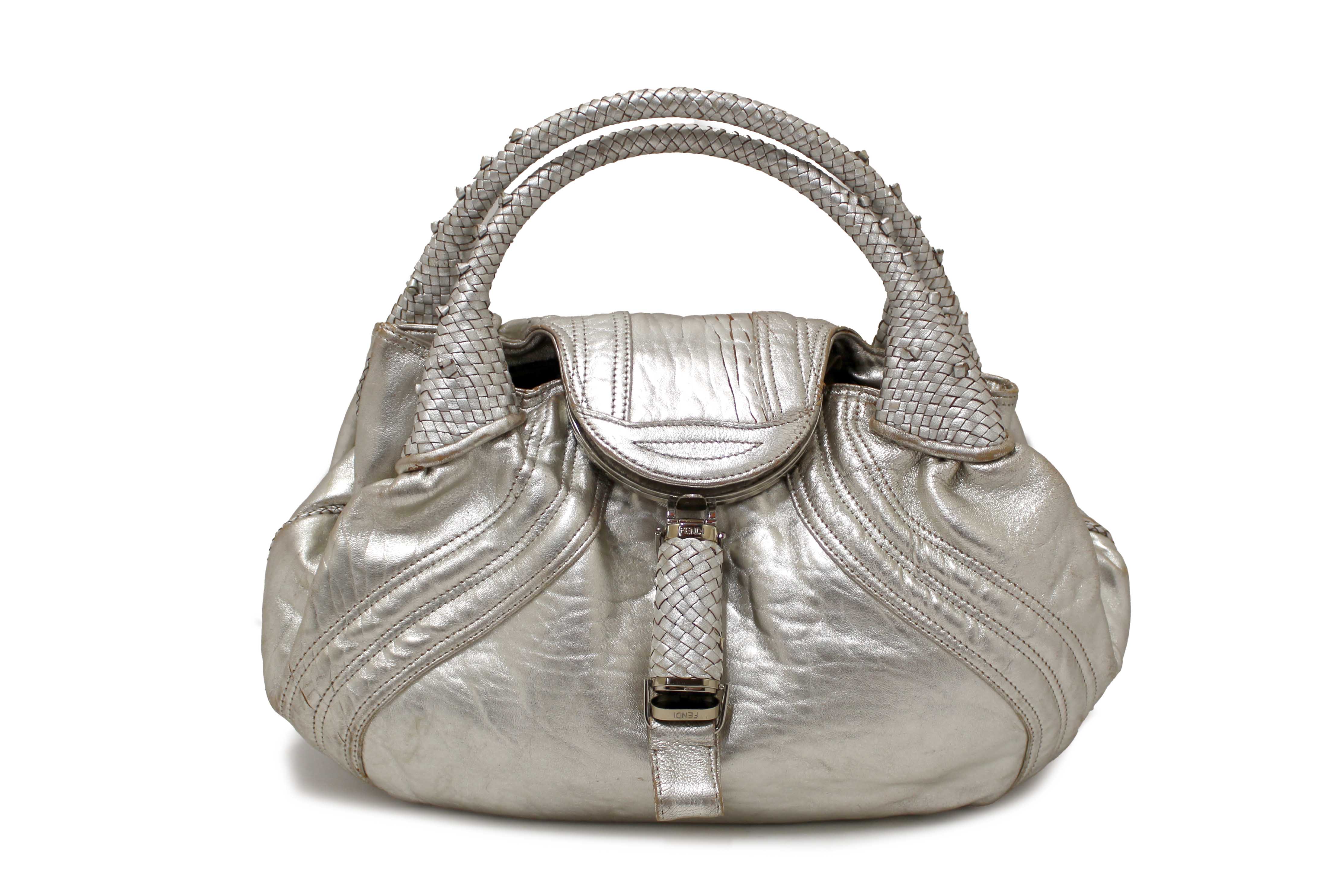 Authentic Fendi Silver Metallic Nappa Leather Spy Medium Bag