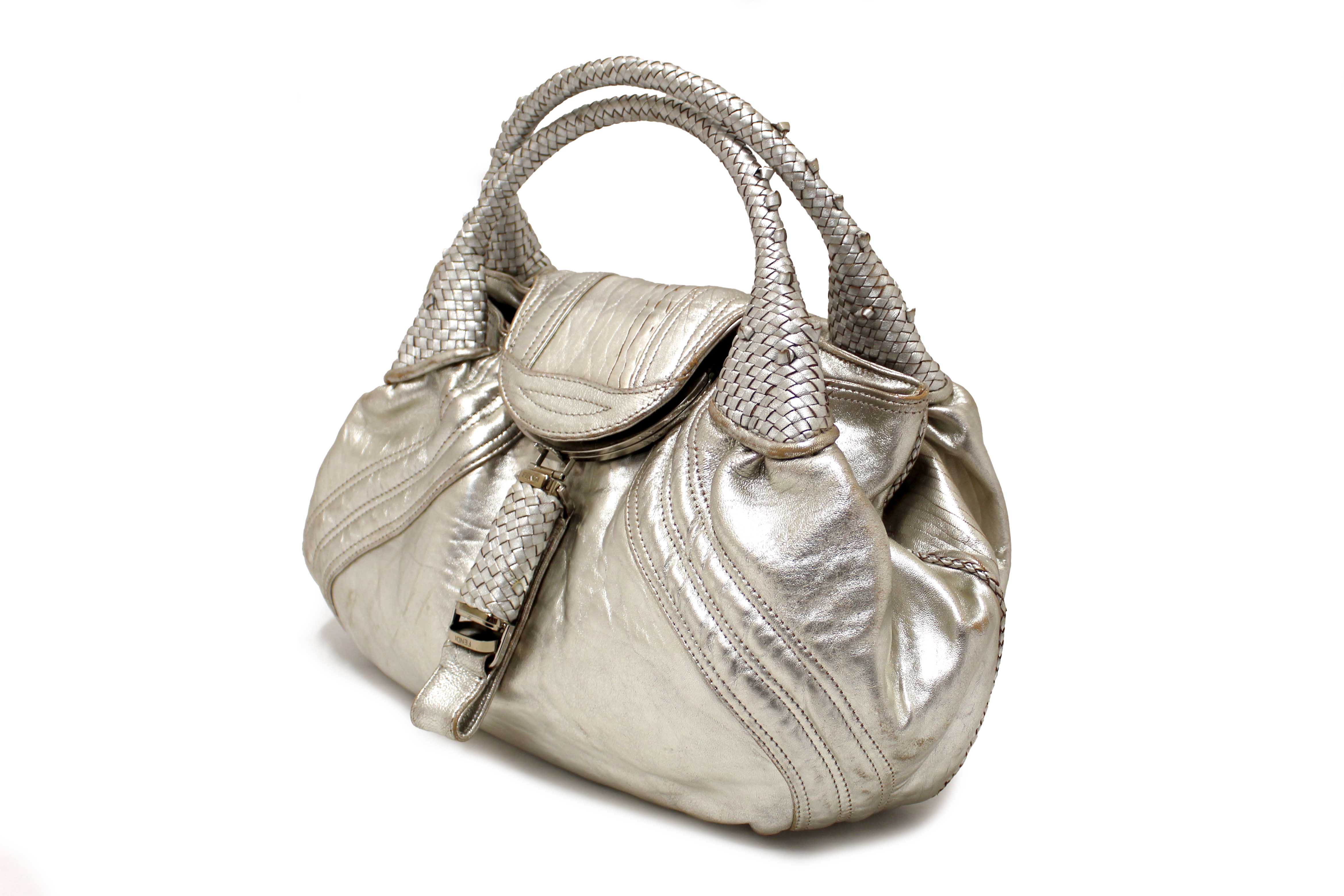 Authentic Fendi Silver Metallic Nappa Leather Spy Medium Bag