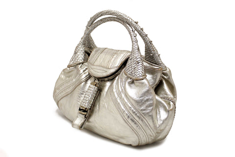 Authentic Fendi Silver Metallic Nappa Leather Spy Medium Bag