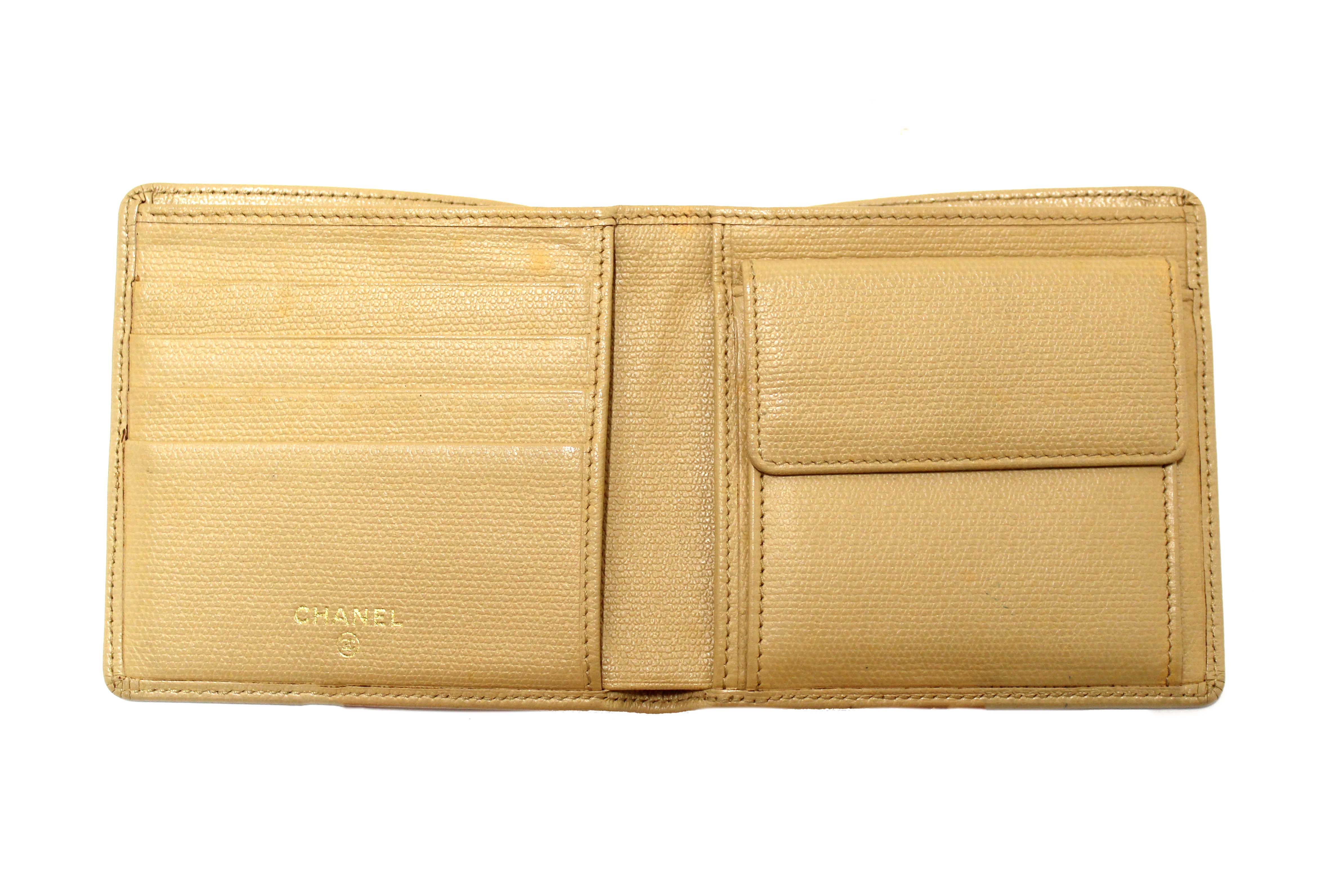 Authentic Chanel Beige Caviar Leather Medium Size Bi-fold Wallet
