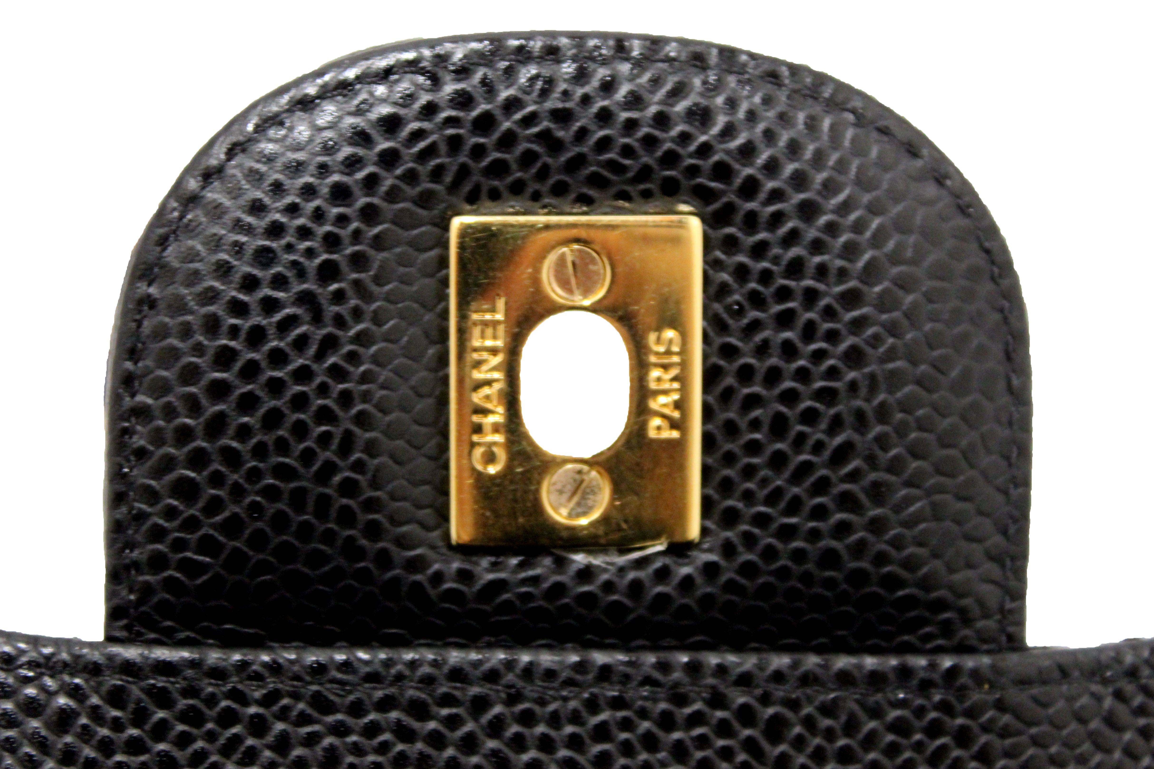 Authentic Chanel Black Quilted Caviar Leather Classic Jumbo Double Flap Bag