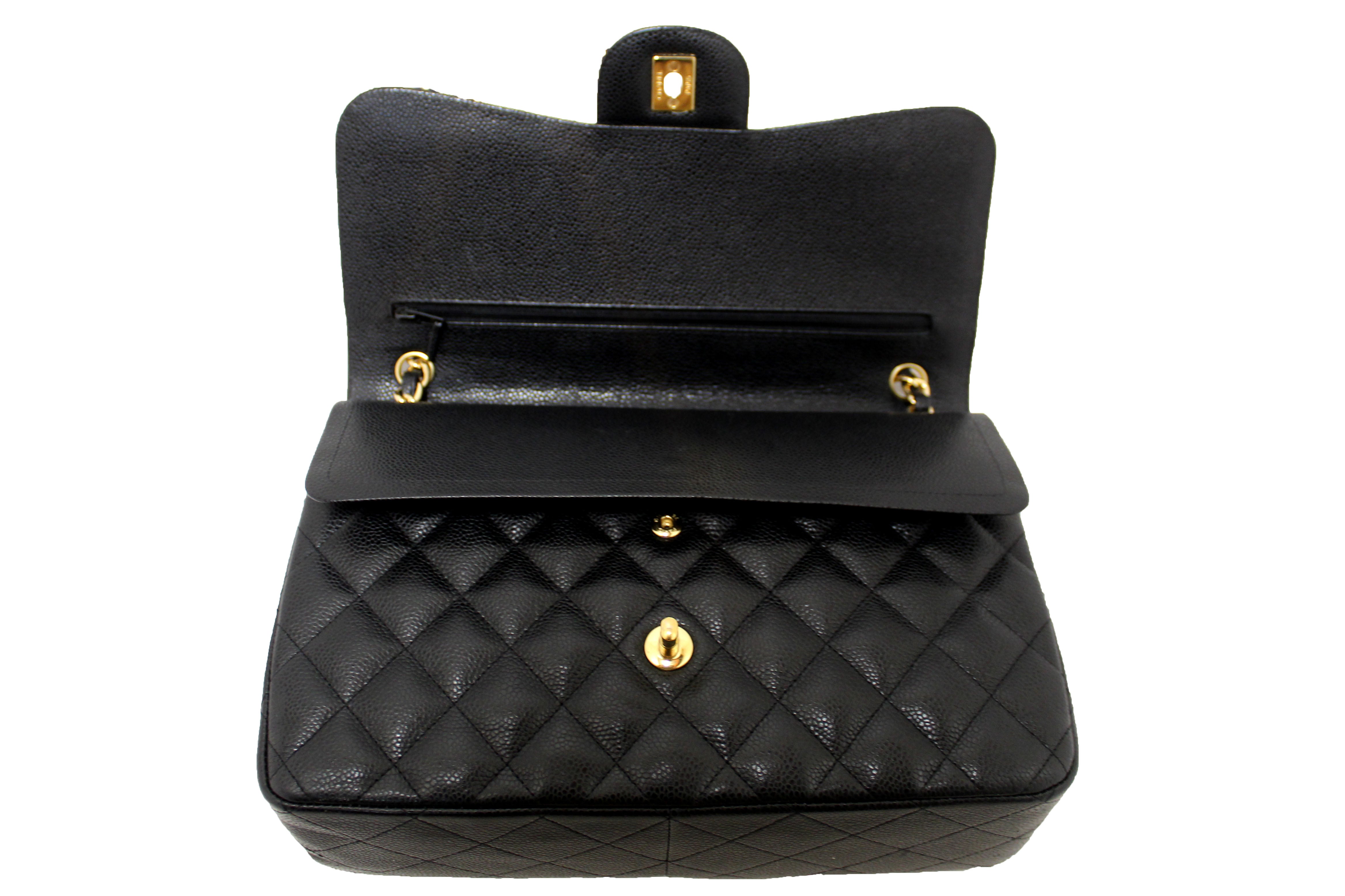 Authentic Chanel Black Quilted Caviar Leather Classic Jumbo Double Flap Bag