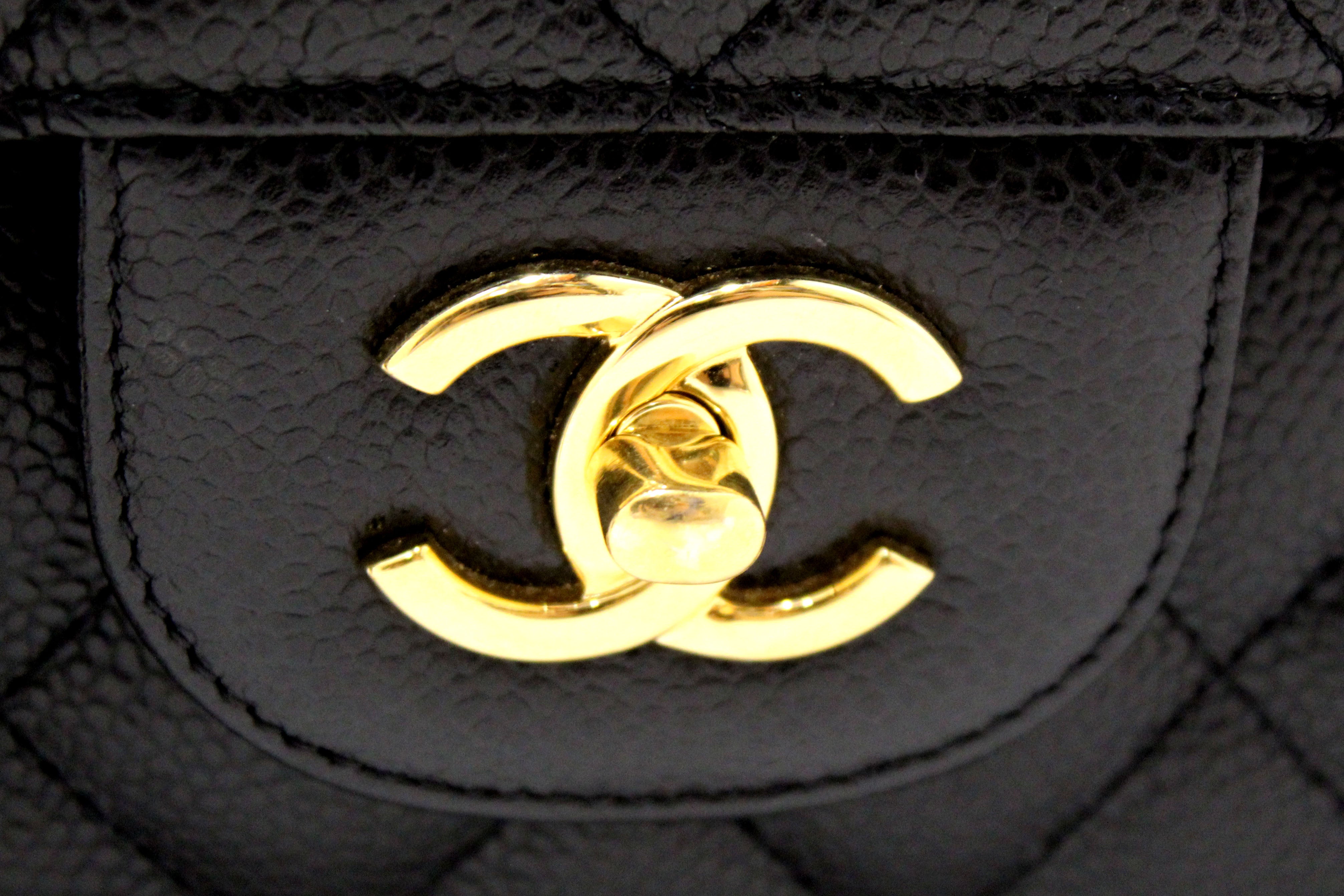 Authentic Chanel Black Quilted Caviar Leather Classic Jumbo Double Flap Bag