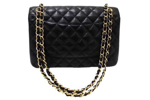 Authentic Chanel Black Quilted Caviar Leather Classic Jumbo Double Flap Bag