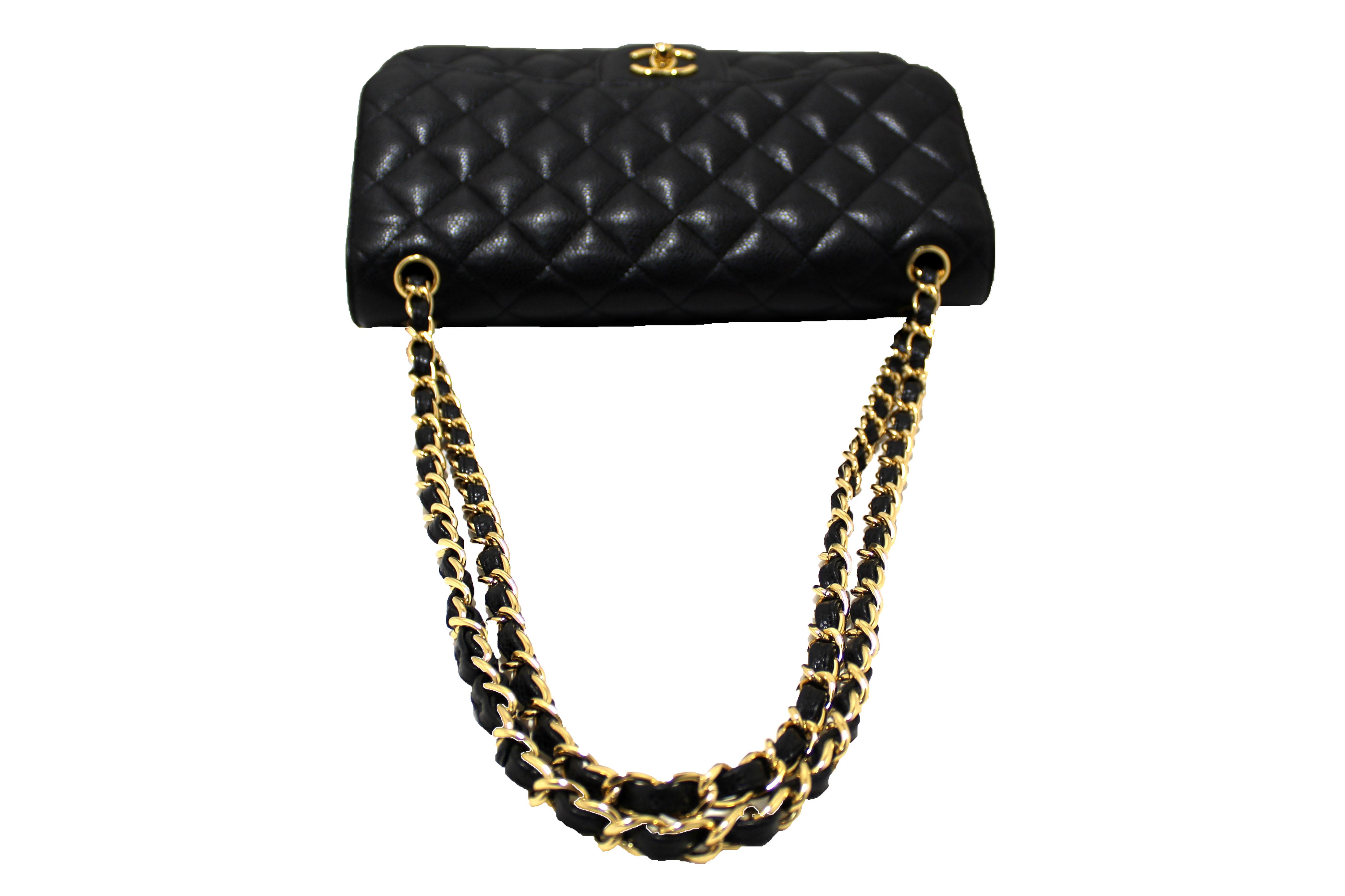 Authentic Chanel Black Quilted Caviar Leather Classic Jumbo Double Flap Bag