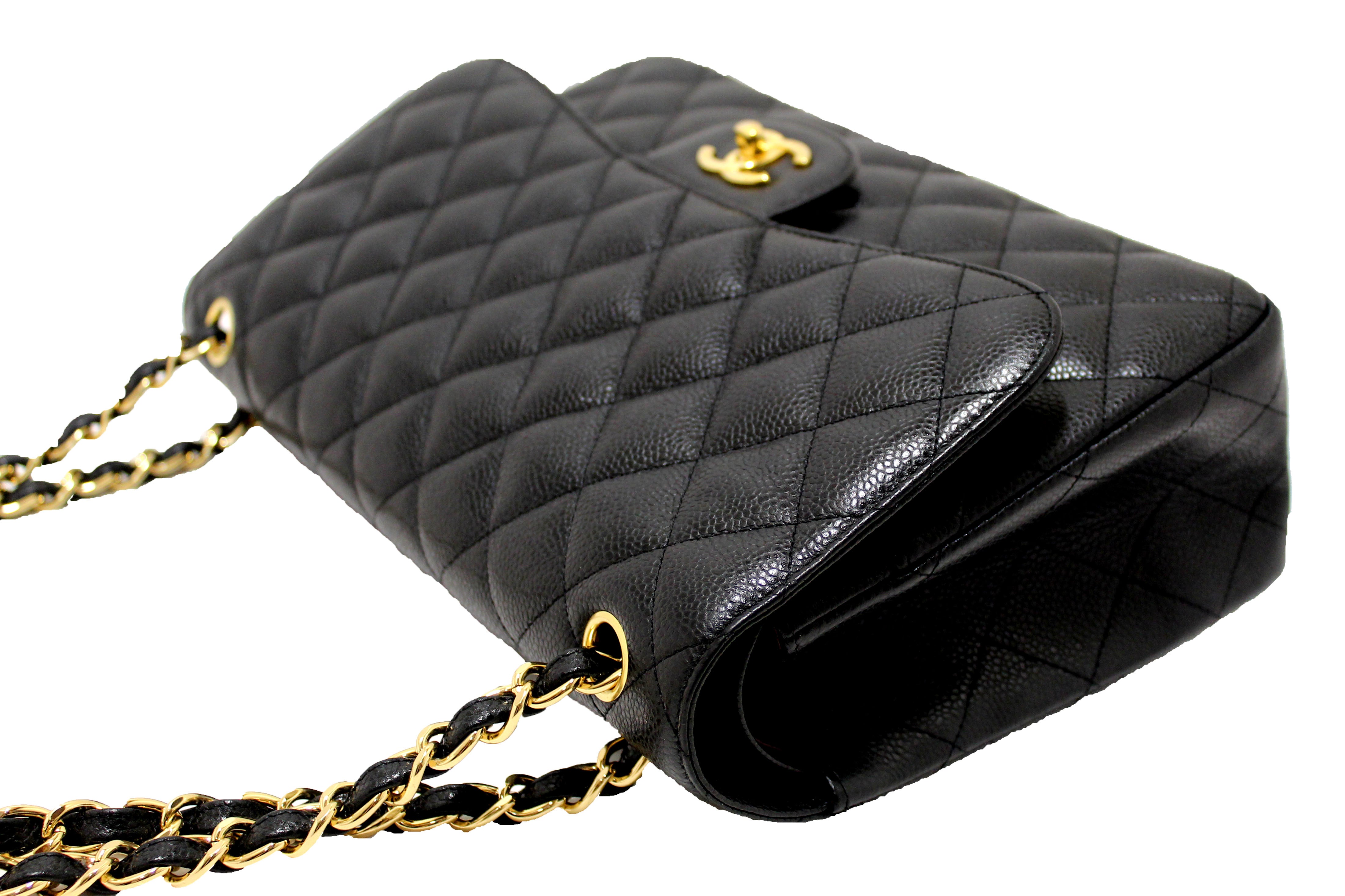 Authentic Chanel Black Quilted Caviar Leather Classic Jumbo Double Flap Bag