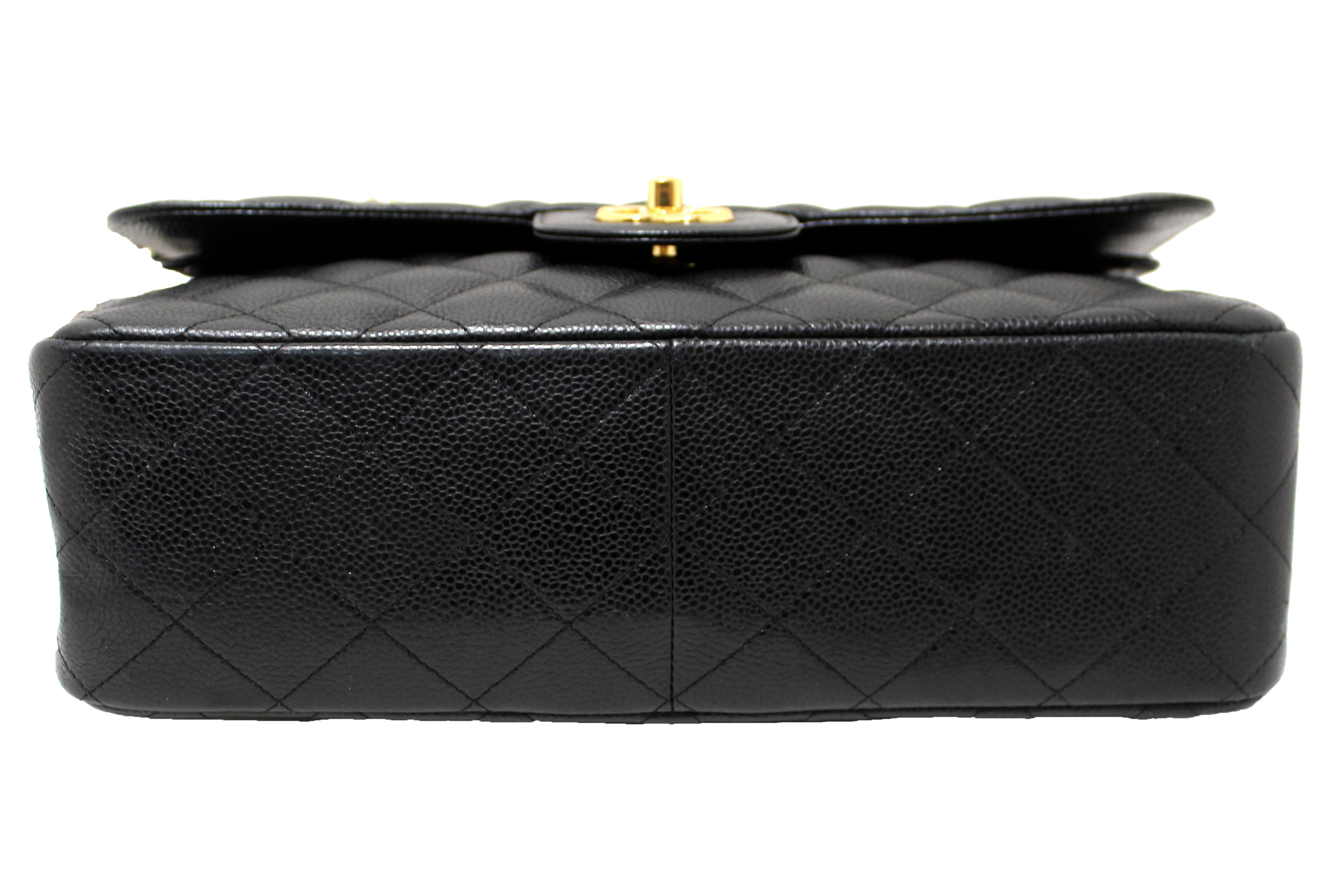 Authentic Chanel Black Quilted Caviar Leather Classic Jumbo Double Flap Bag