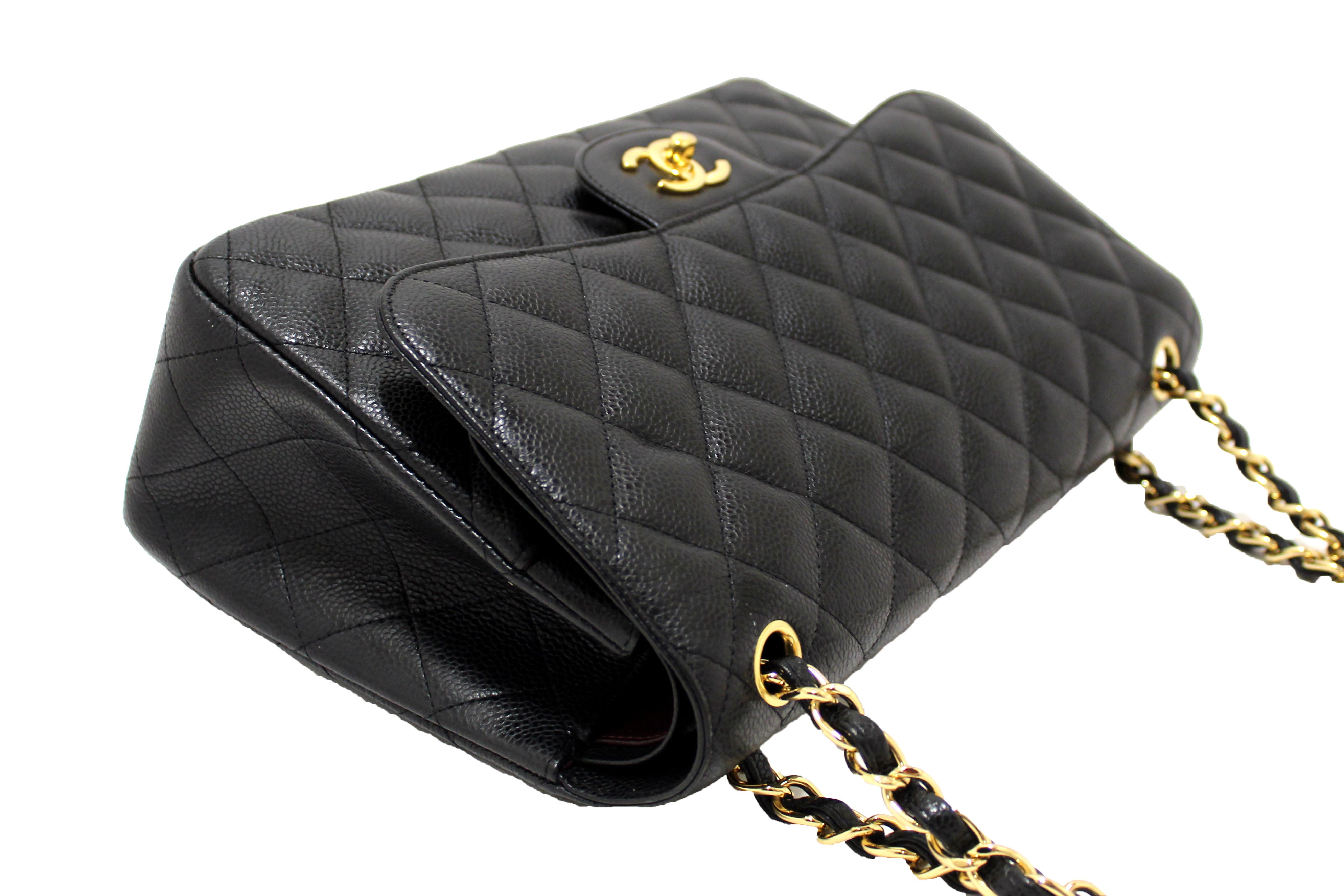 Authentic Chanel Black Quilted Caviar Leather Classic Jumbo Double Flap Bag