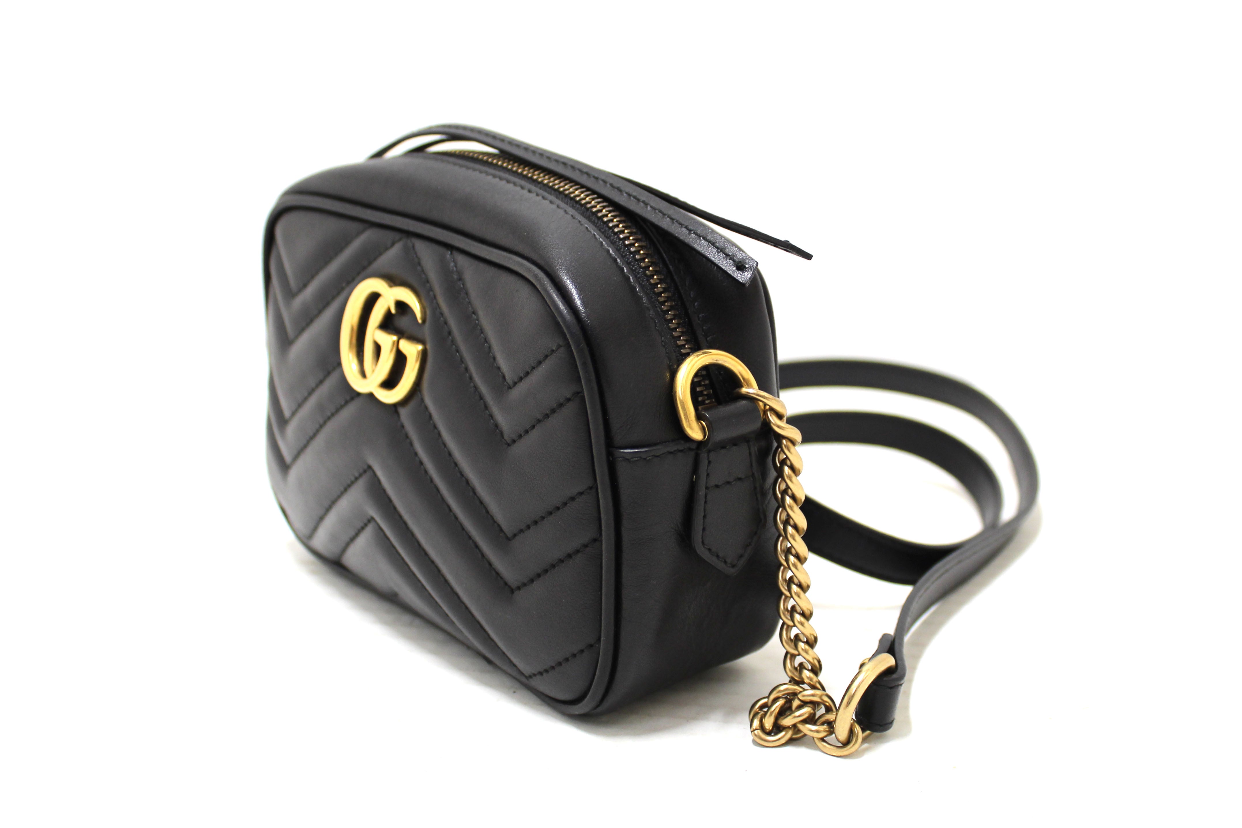 Authentic Gucci Black Marmont Matelasse Leather Mini Camera Crossbody Bag