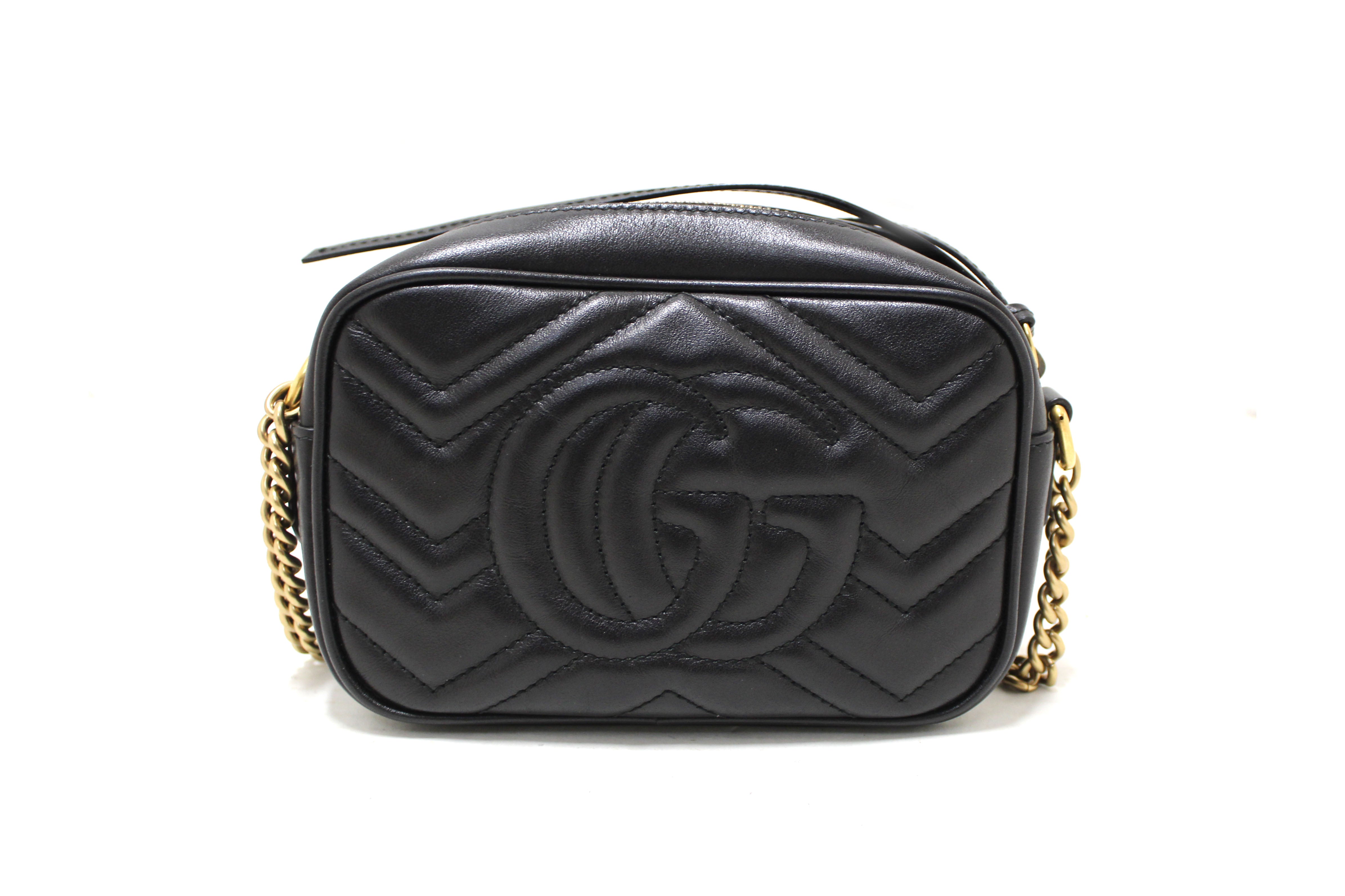 Authentic Gucci Black Marmont Matelasse Leather Mini Camera Crossbody Bag