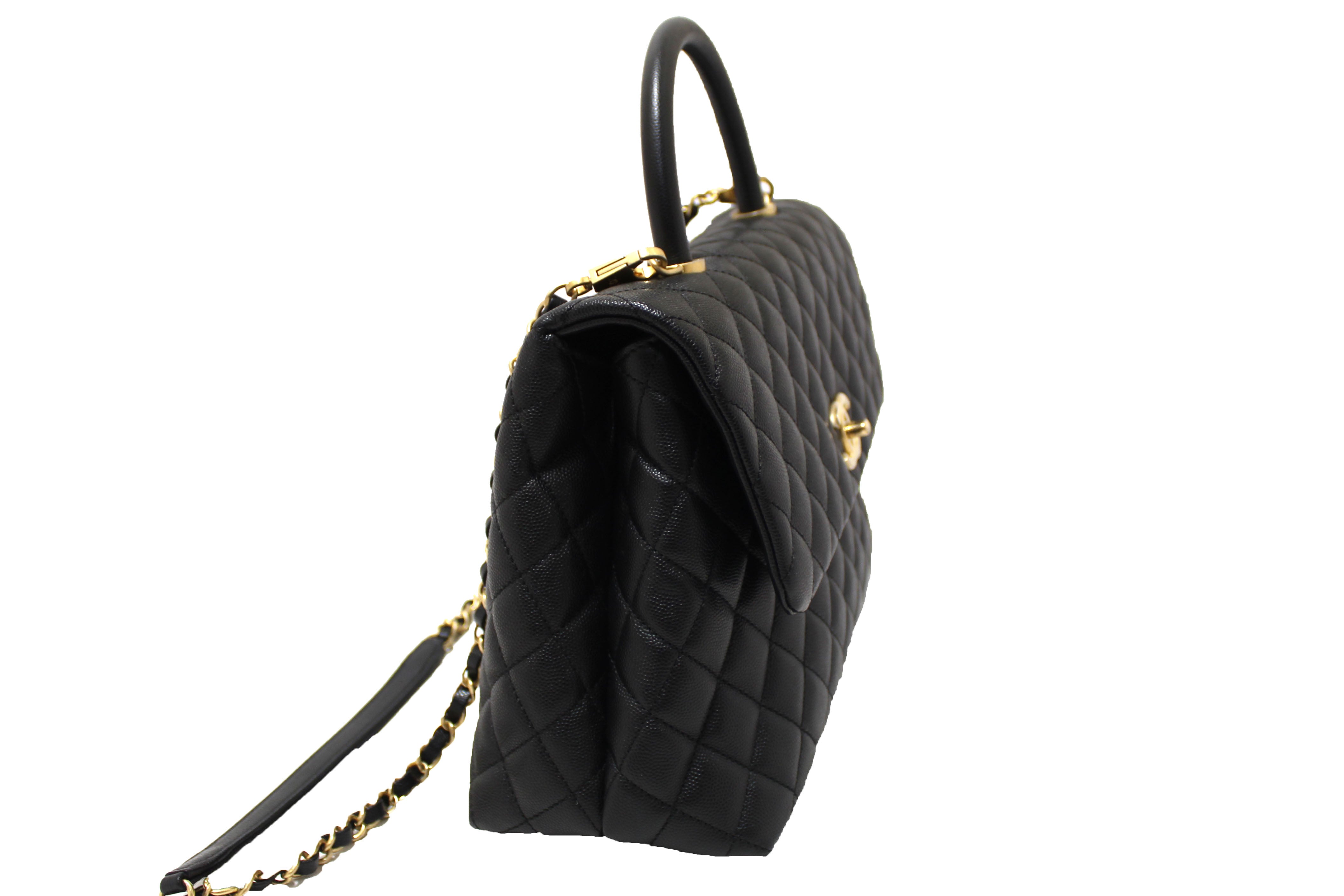 Authentic Chanel Black Quilted Caviar Leather Maxi Flap Bag with Top Handle Bag