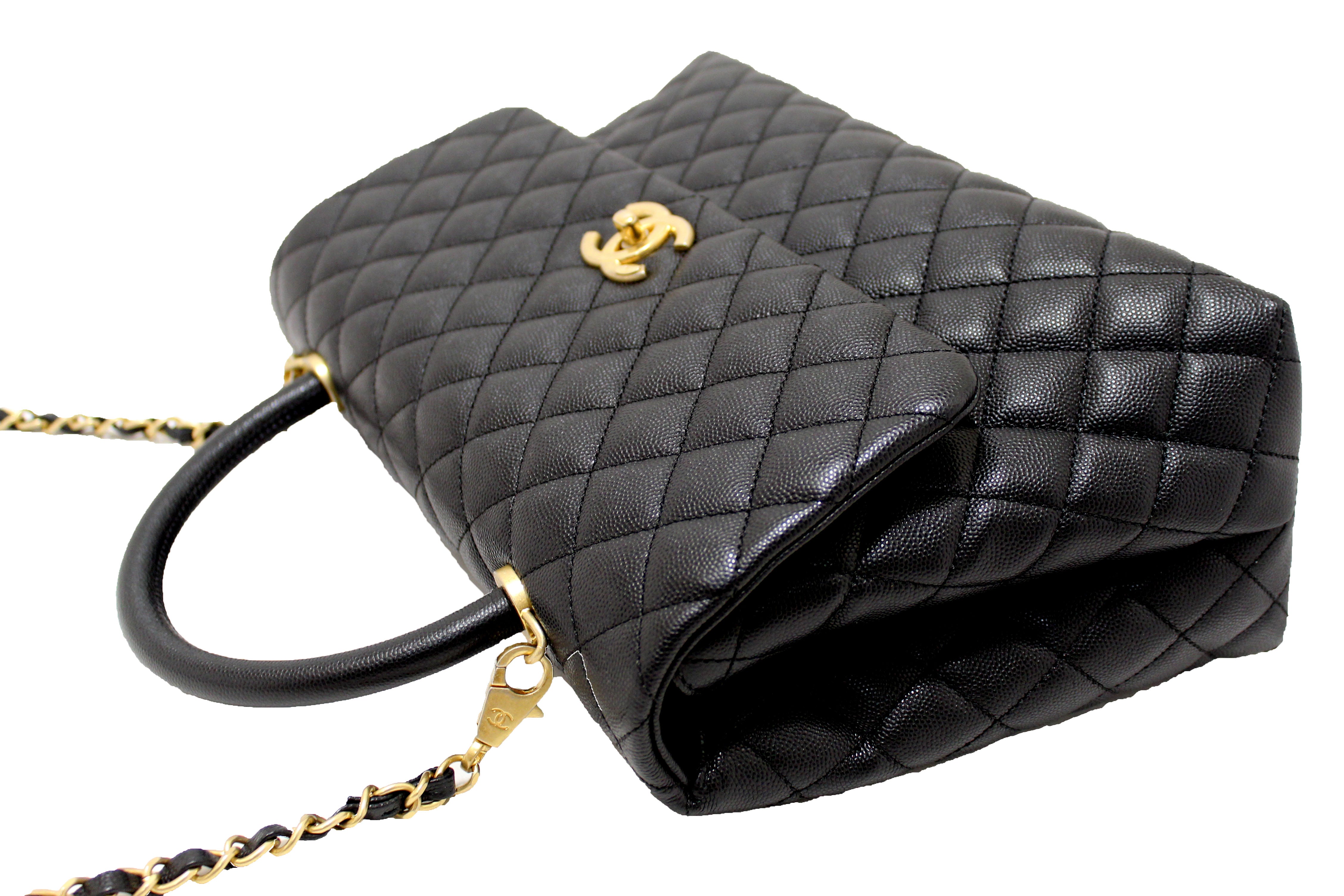 Authentic Chanel Black Quilted Caviar Leather Maxi Flap Bag with Top Handle Bag