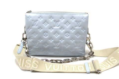 Authentic Louis Vuitton Ice Blue Lambskin Embossed Monogram Coussin PM Bag