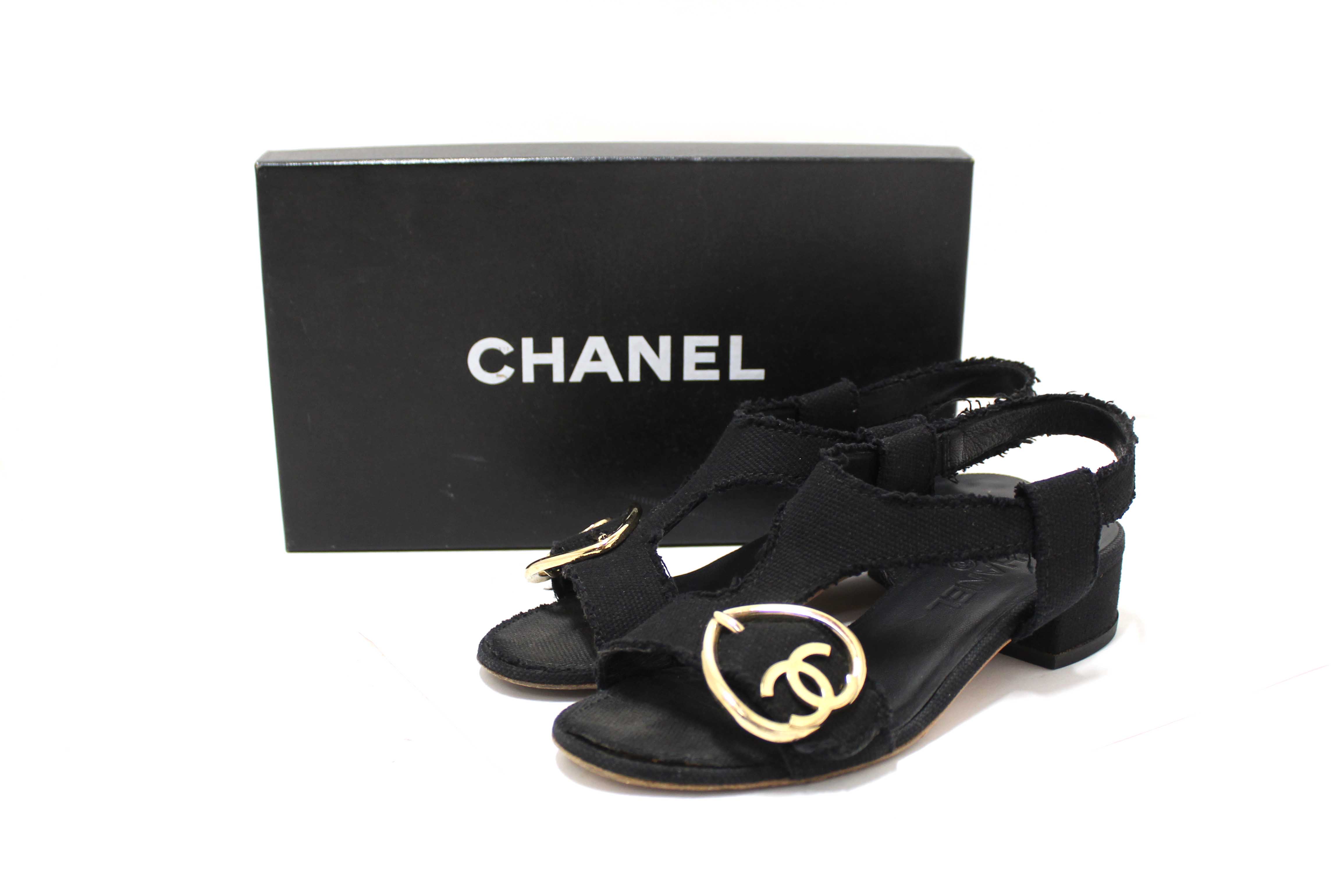 Authentic Chanel Black Interlocking CC Logo Canvas Slingback Sandals size 37