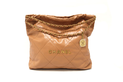 Authentic New Chanel 22 Camel Shiny Calfskin Leather Shoulder Tote Bag