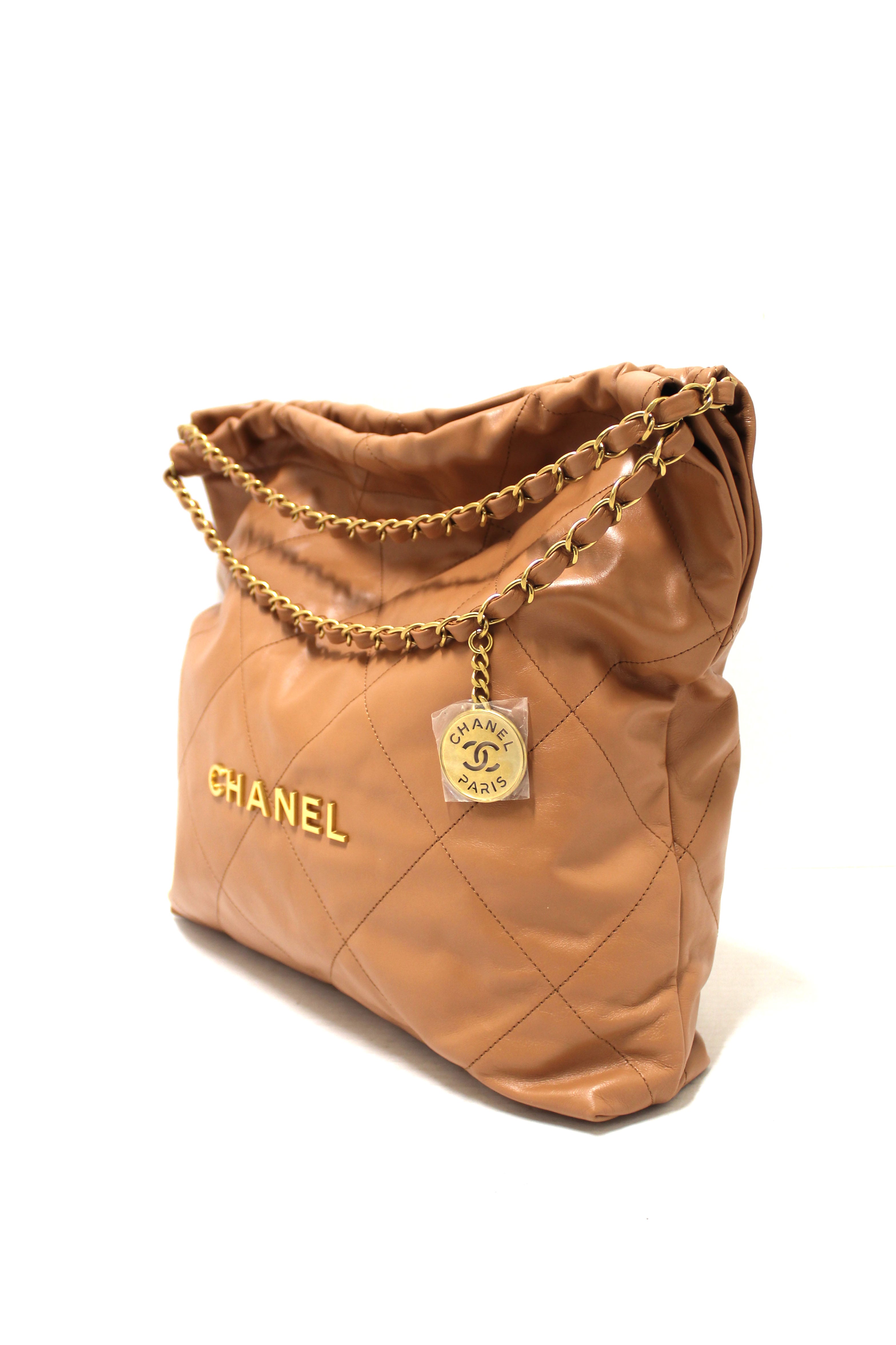 Authentic New Chanel 22 Camel Shiny Calfskin Leather Shoulder Tote Bag