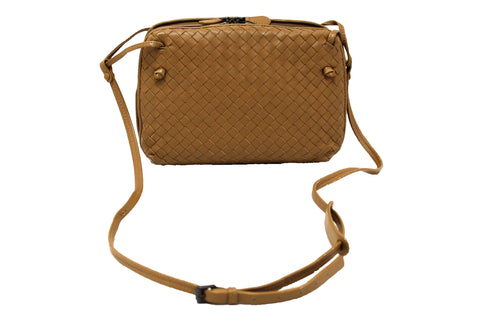 Authentic Bottega Veneta Brown Woven Lambskin Leather Medium Loop Camera Bag