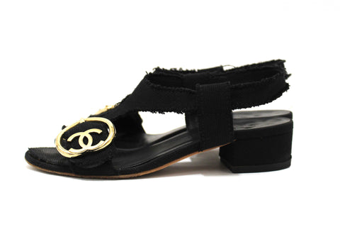 Authentic Chanel Black Interlocking CC Logo Canvas Slingback Sandals size 37