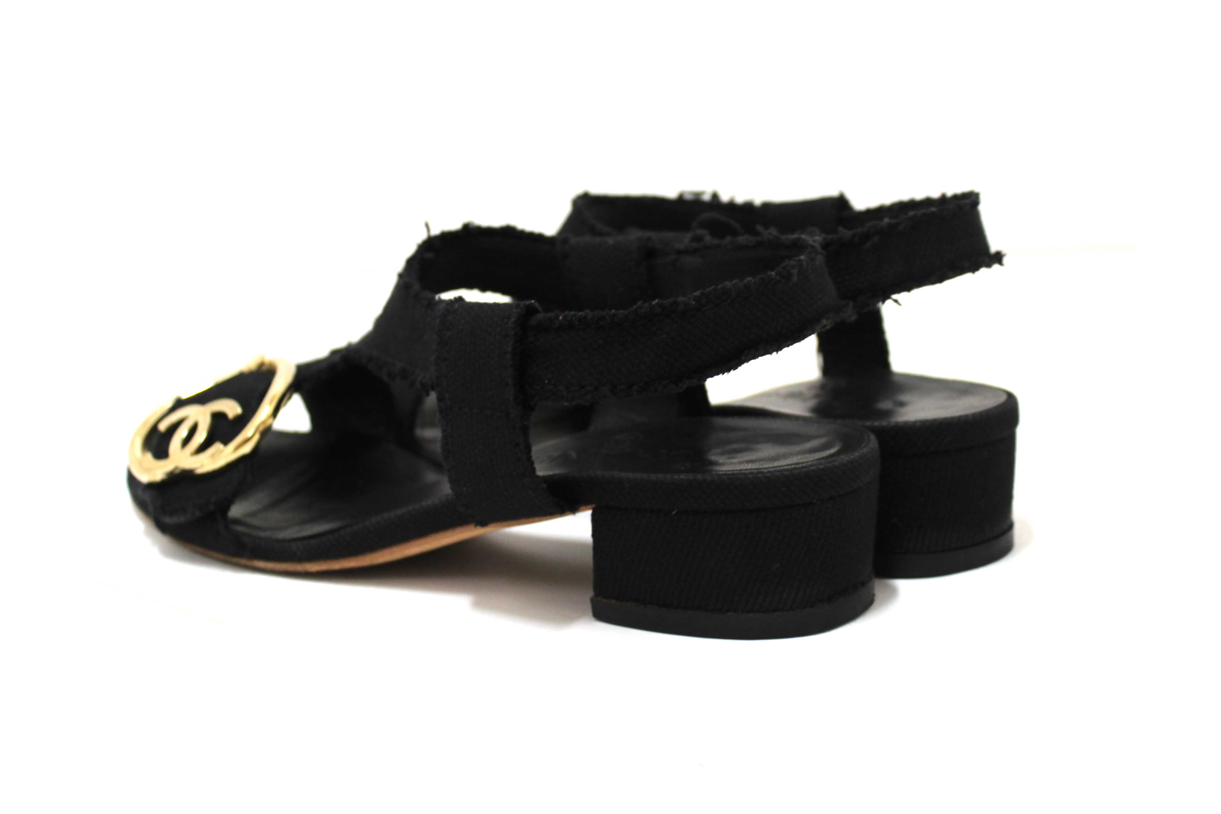 Authentic Chanel Black Interlocking CC Logo Canvas Slingback Sandals size 37