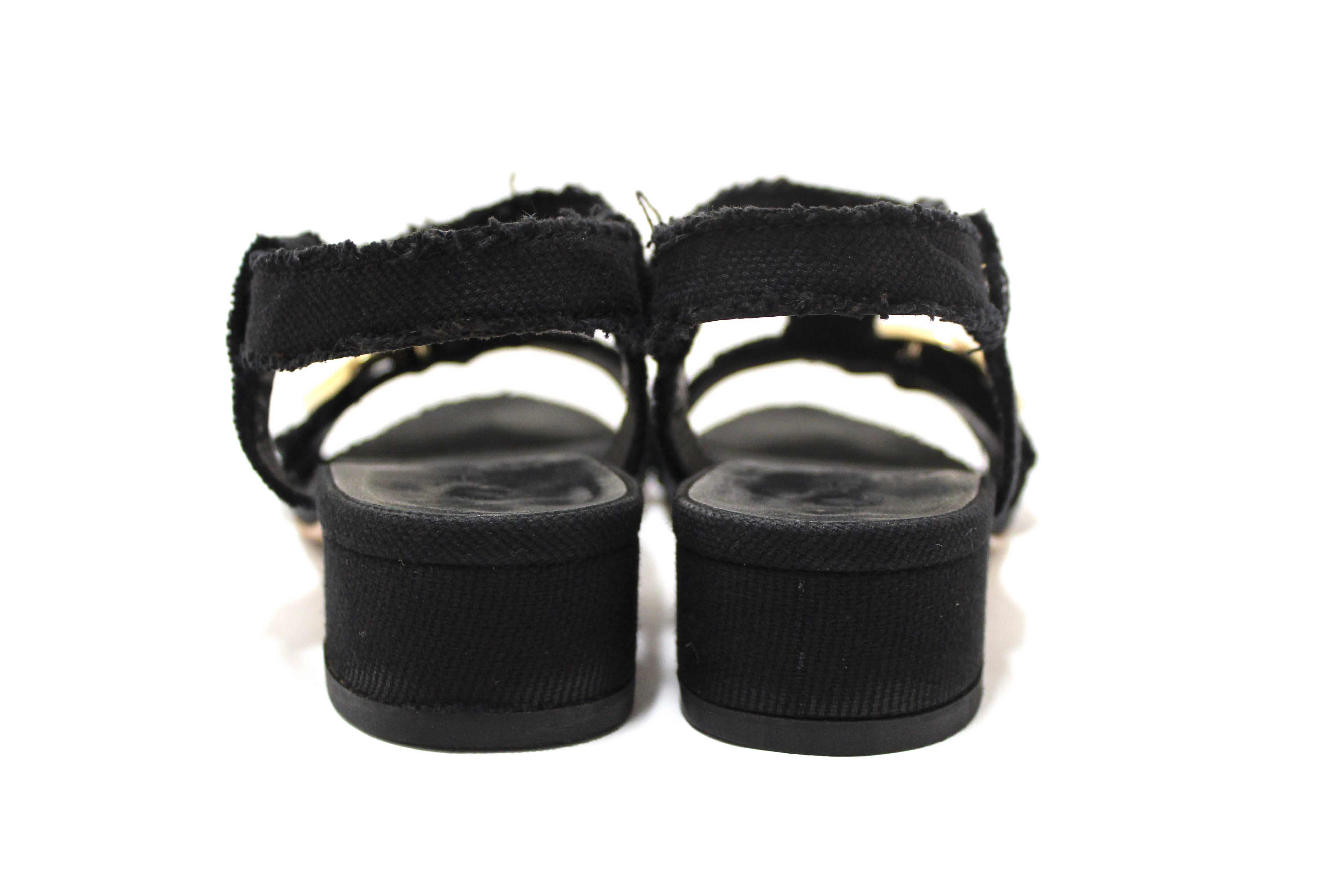 Authentic Chanel Black Interlocking CC Logo Canvas Slingback Sandals size 37