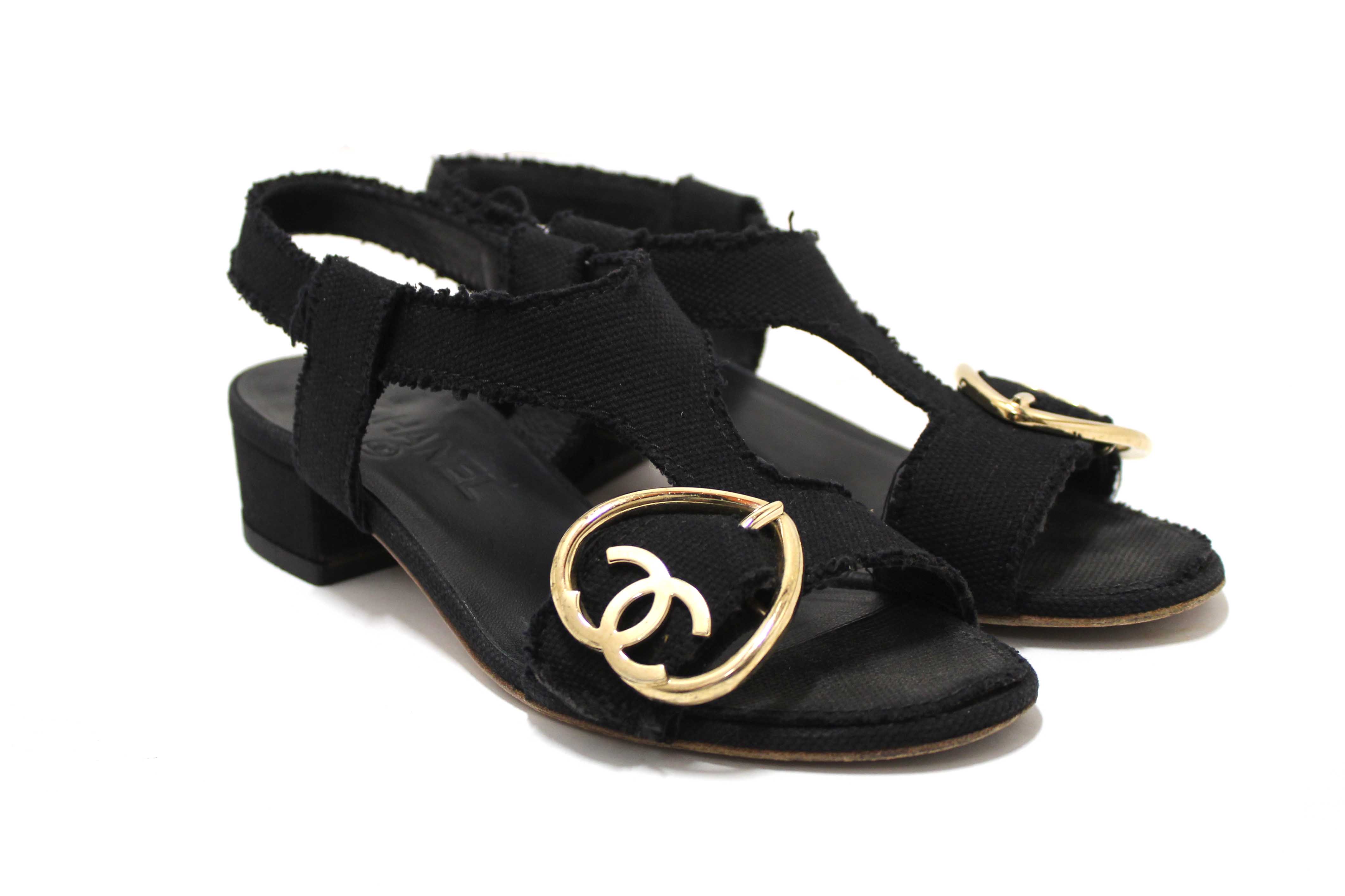 Authentic Chanel Black Interlocking CC Logo Canvas Slingback Sandals size 37