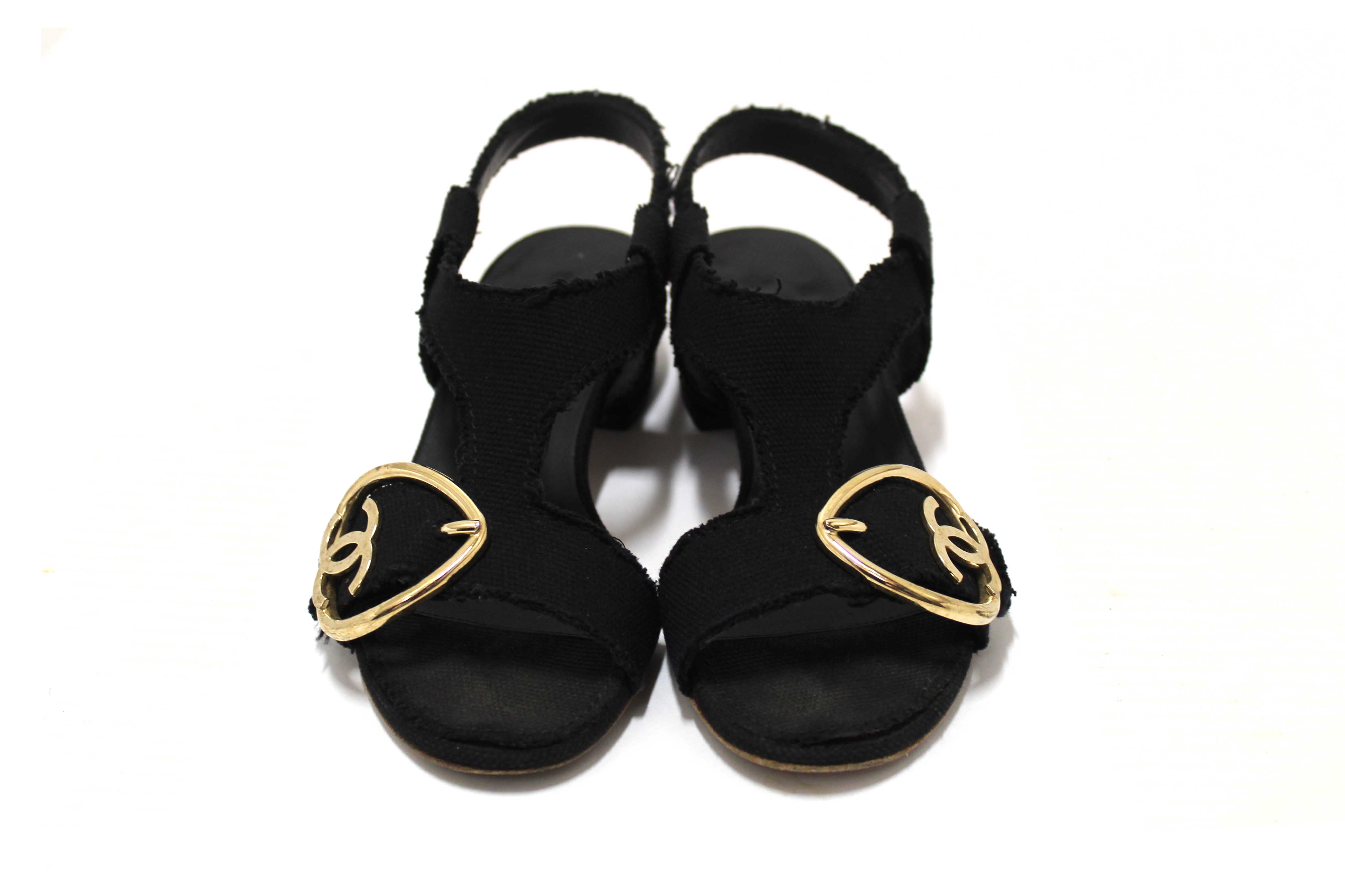 Authentic Chanel Black Interlocking CC Logo Canvas Slingback Sandals size 37