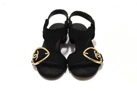 Authentic Chanel Black Interlocking CC Logo Canvas Slingback Sandals size 37