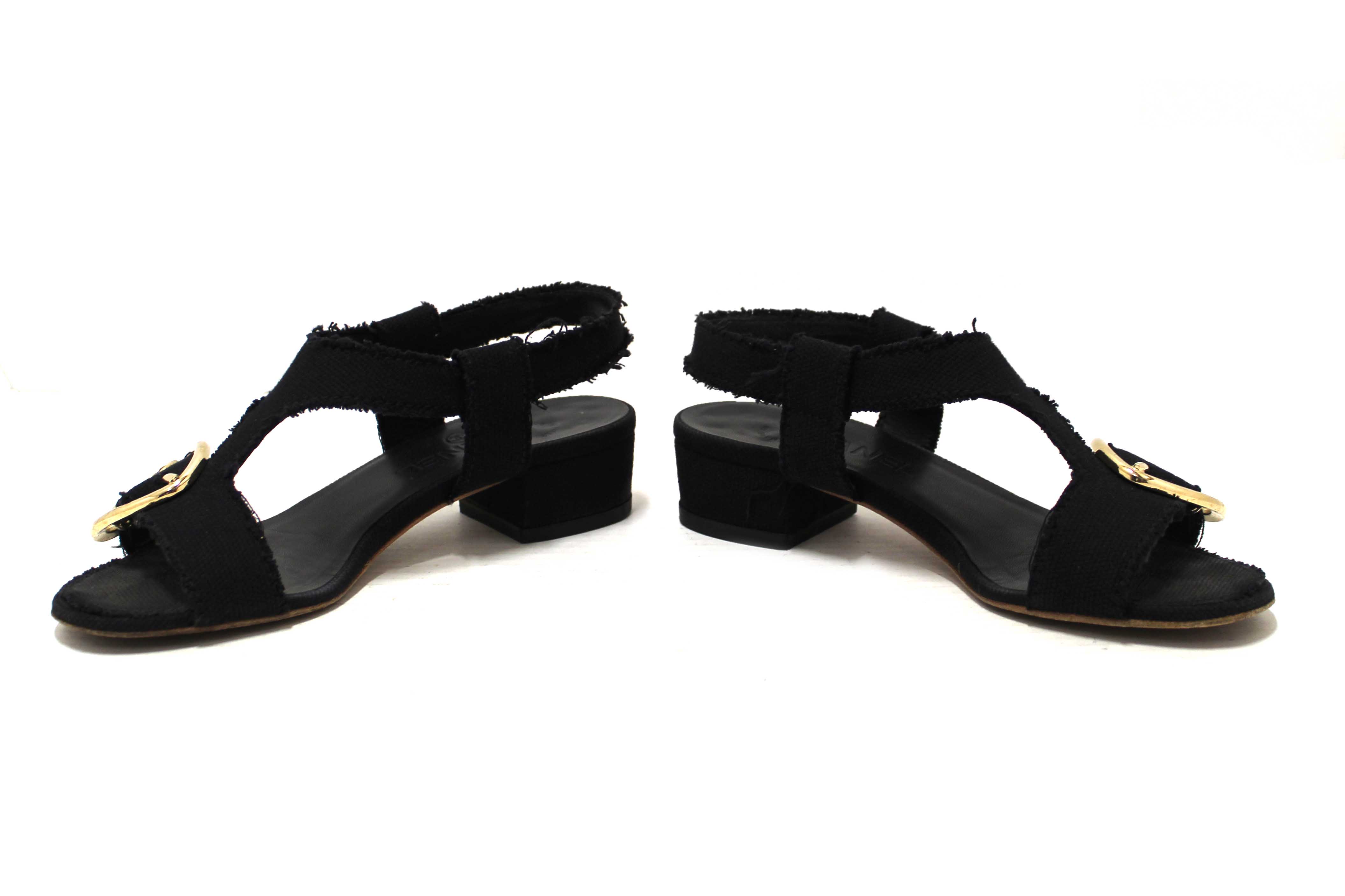 Authentic Chanel Black Interlocking CC Logo Canvas Slingback Sandals size 37