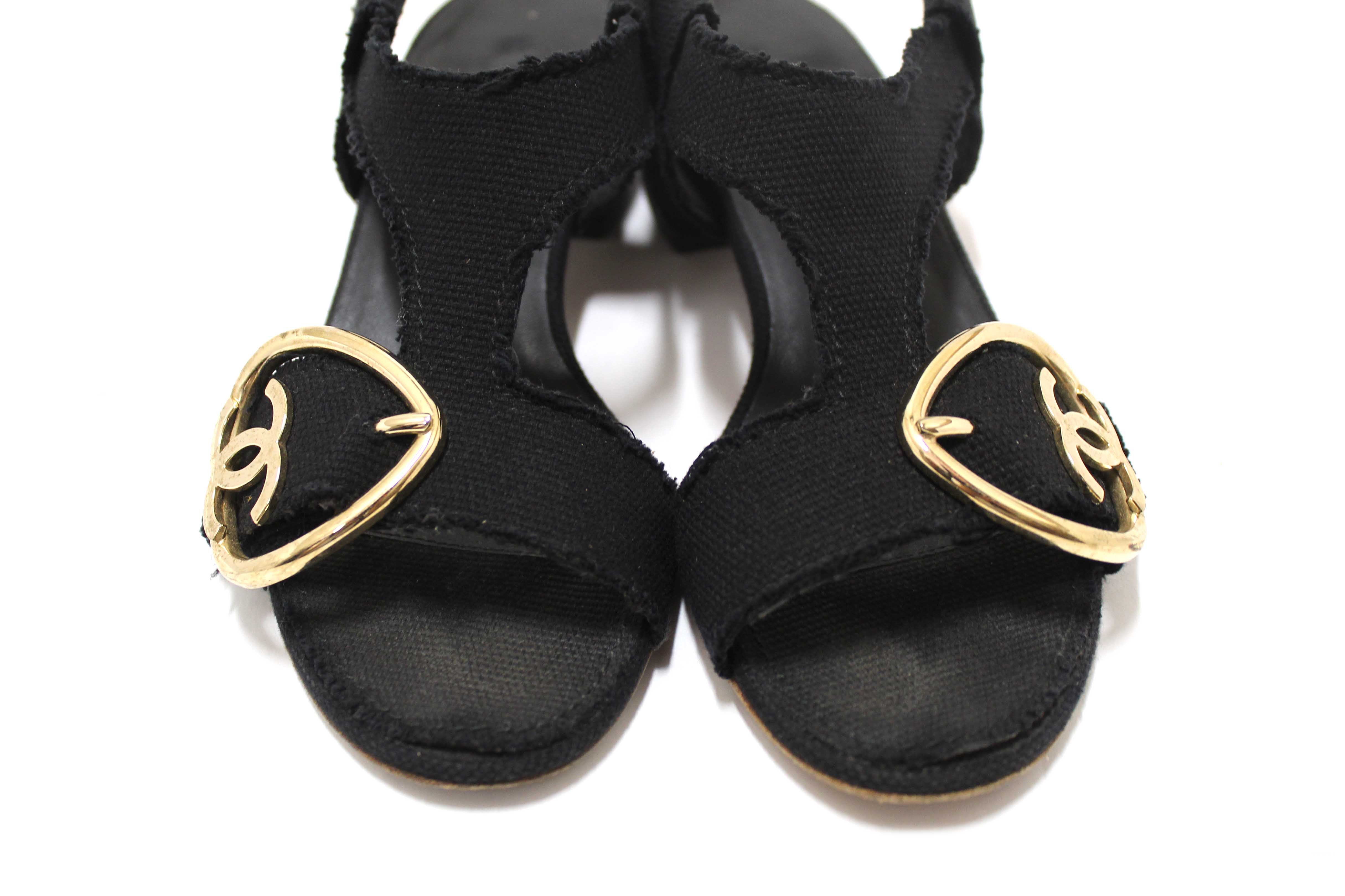 Authentic Chanel Black Interlocking CC Logo Canvas Slingback Sandals size 37