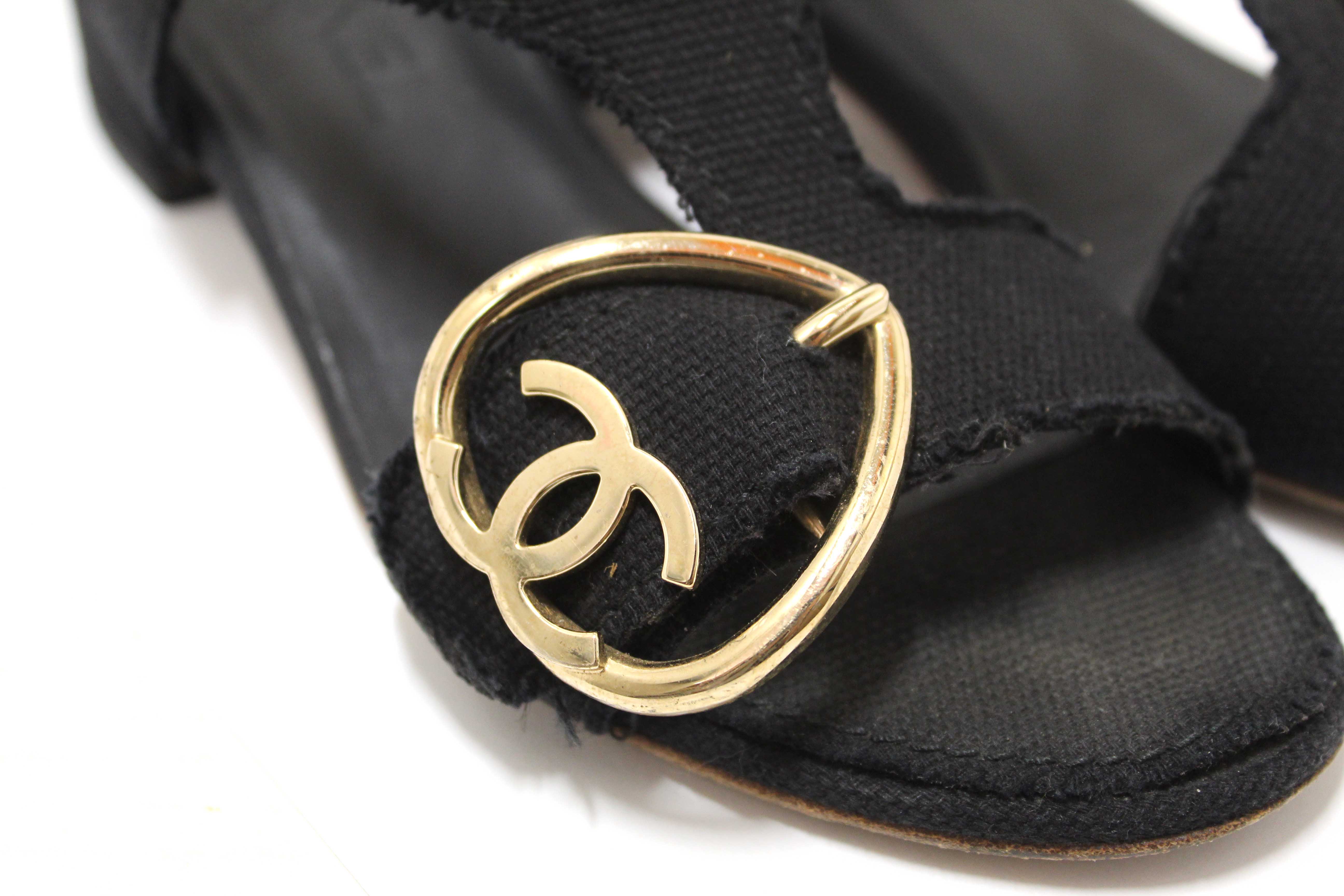 Authentic Chanel Black Interlocking CC Logo Canvas Slingback Sandals size 37