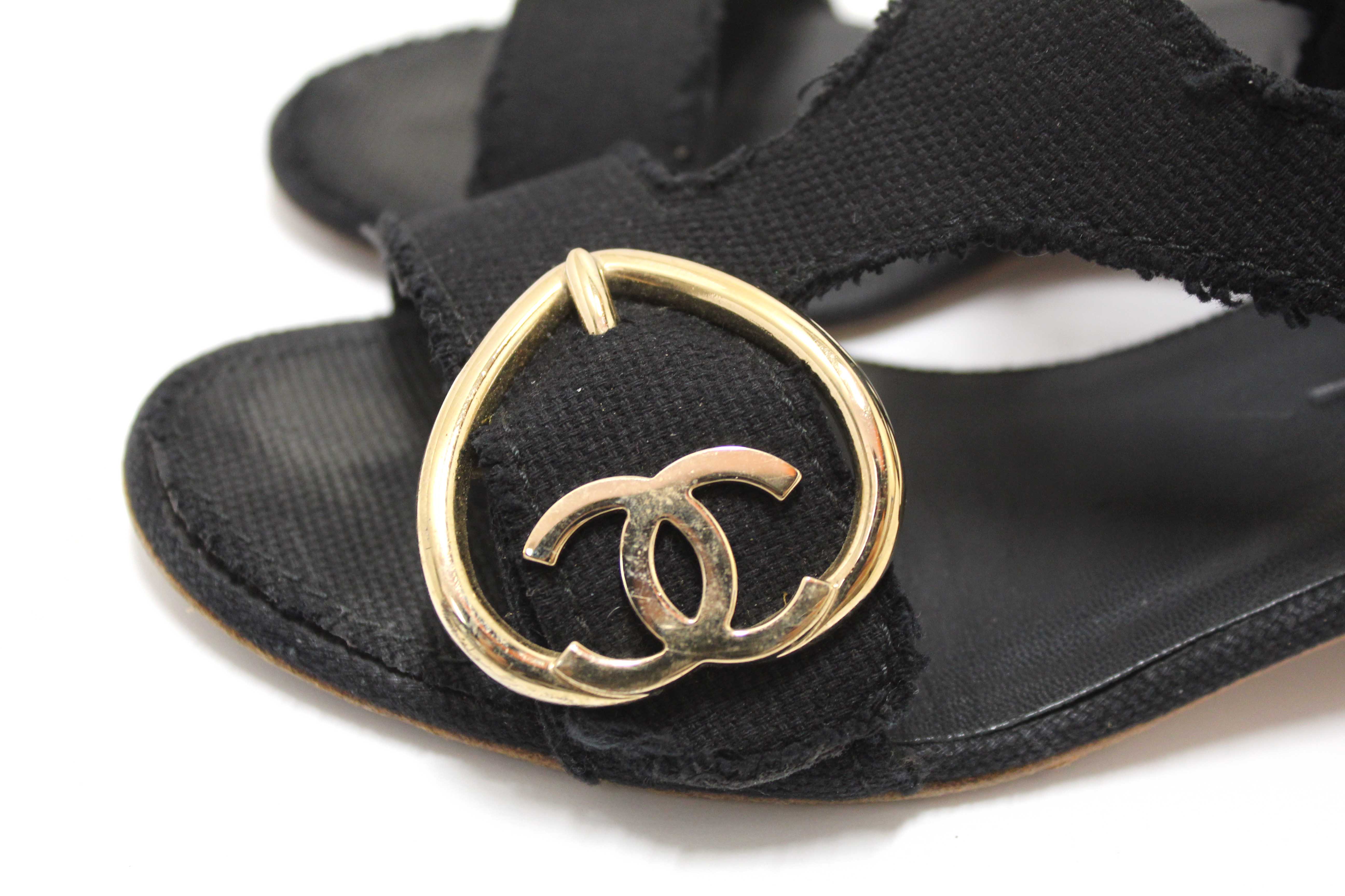 Authentic Chanel Black Interlocking CC Logo Canvas Slingback Sandals size 37