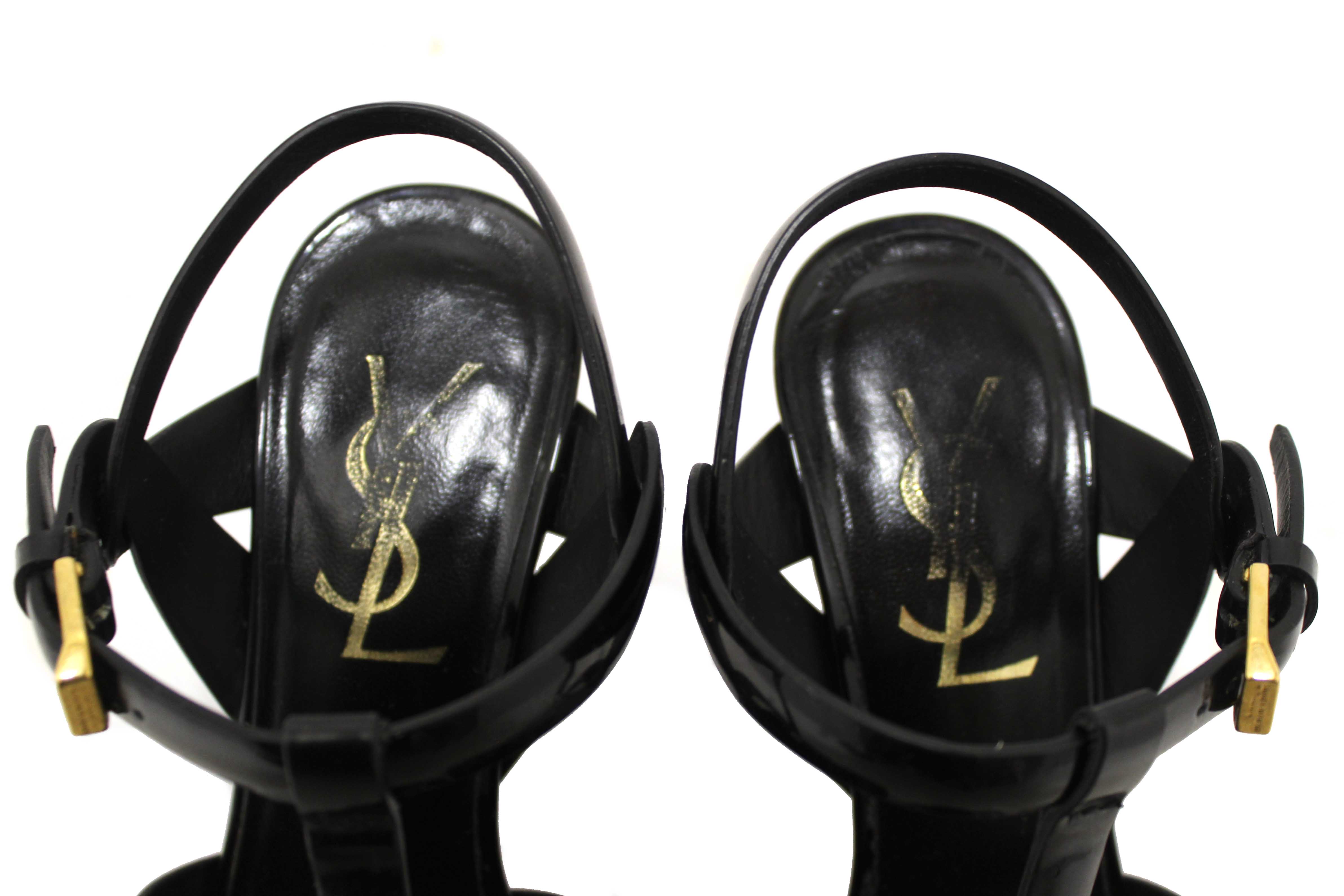 Authentic Yves Saint Laurent YSL Black Patent Leather Tribute Platform Sandals Size 34