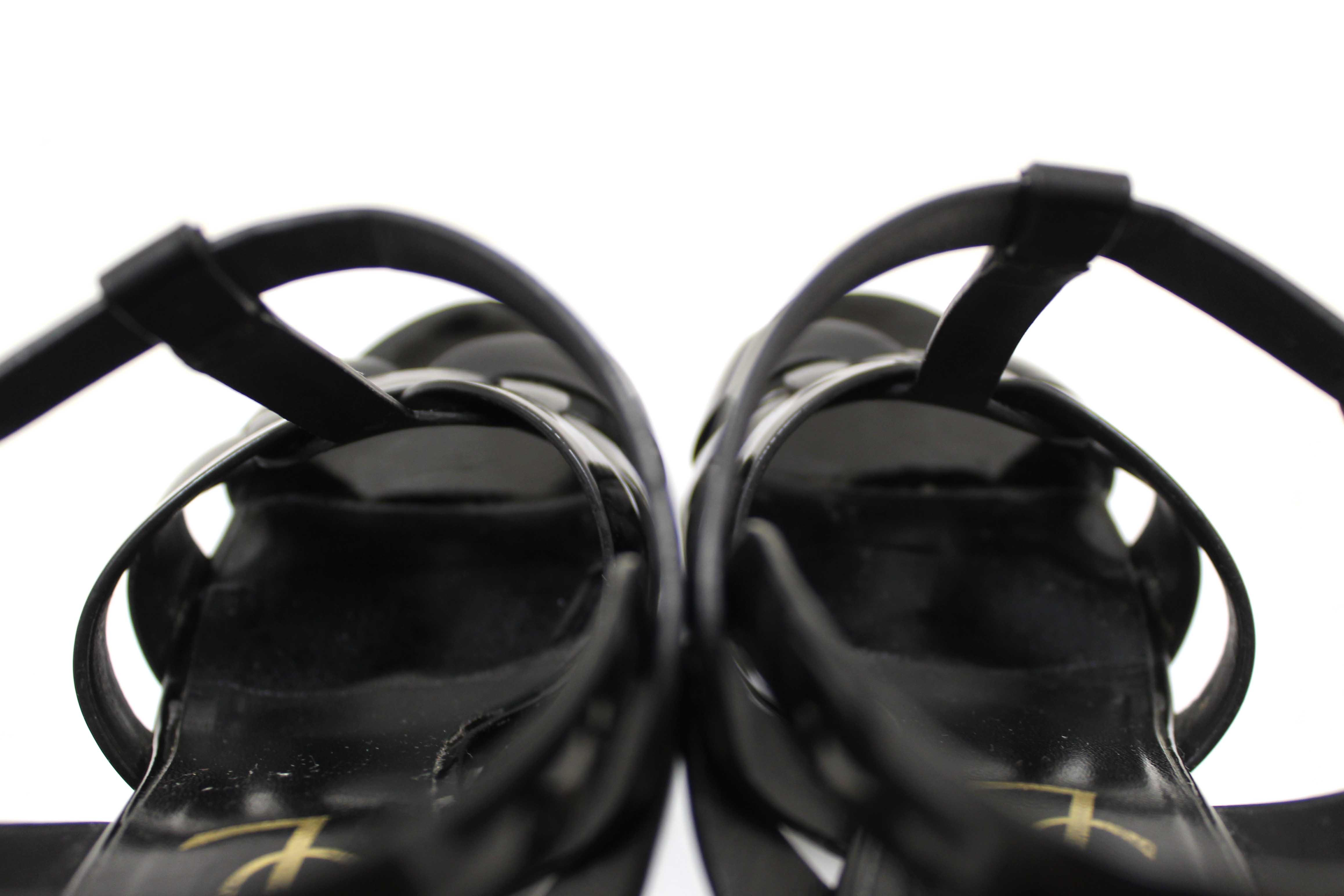 Authentic Yves Saint Laurent YSL Black Patent Leather Tribute Platform Sandals Size 34
