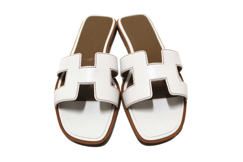 NEW Authentic Hermes White Box Calfskin Oran Flat Sandals Size 36.5
