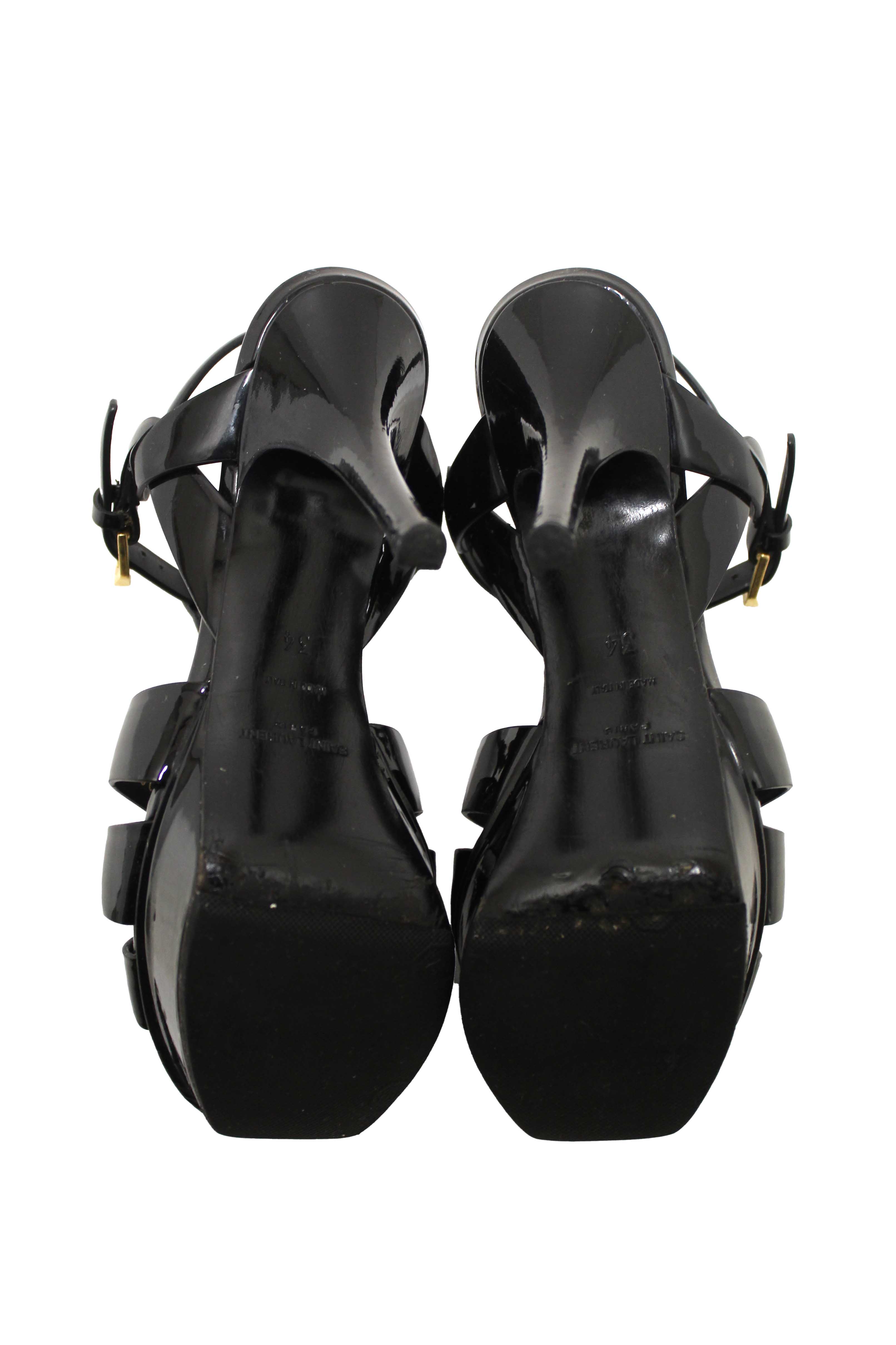 Authentic Yves Saint Laurent YSL Black Patent Leather Tribute Platform Sandals Size 34