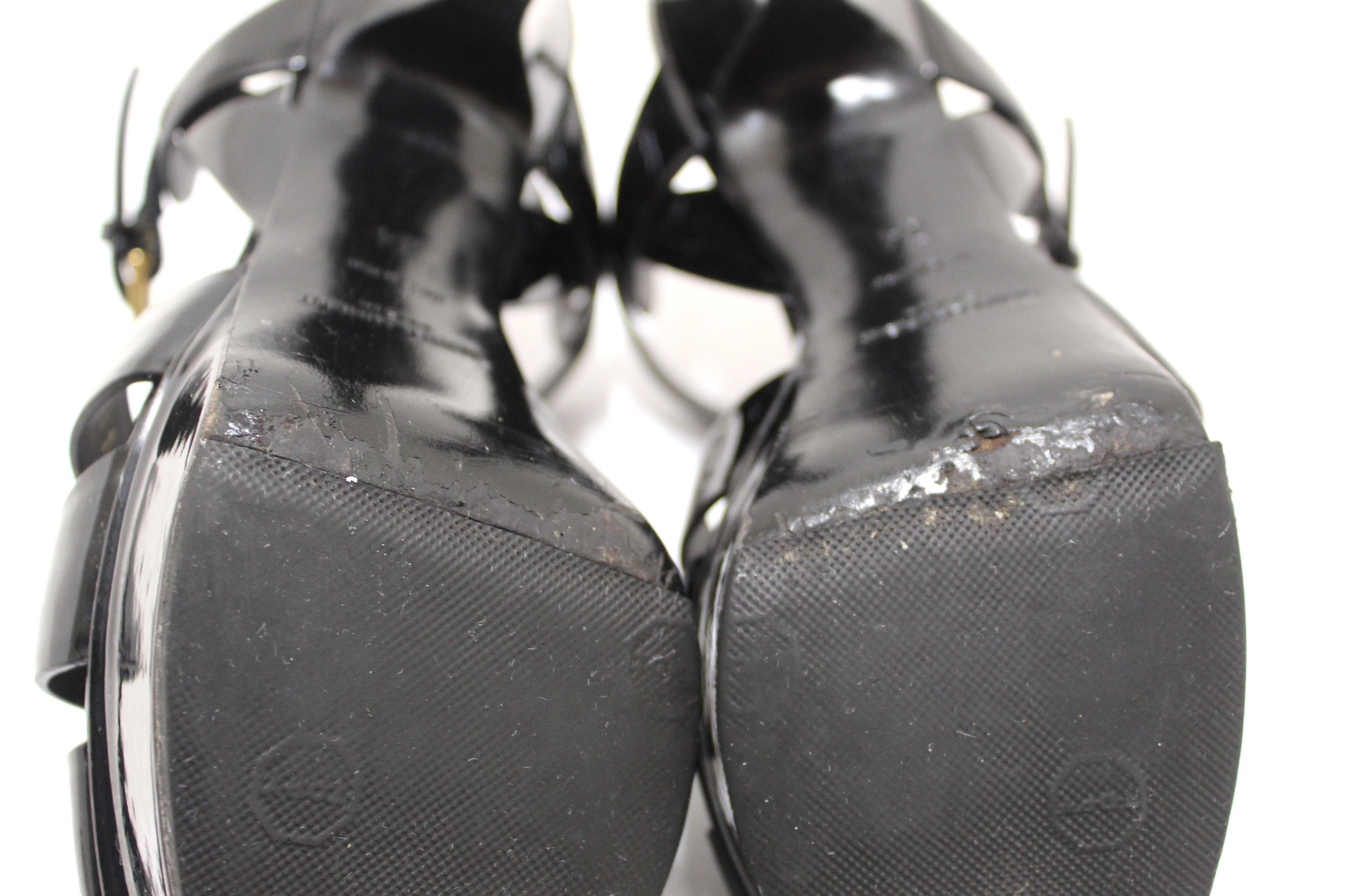 Authentic Yves Saint Laurent YSL Black Patent Leather Tribute Platform Sandals Size 34