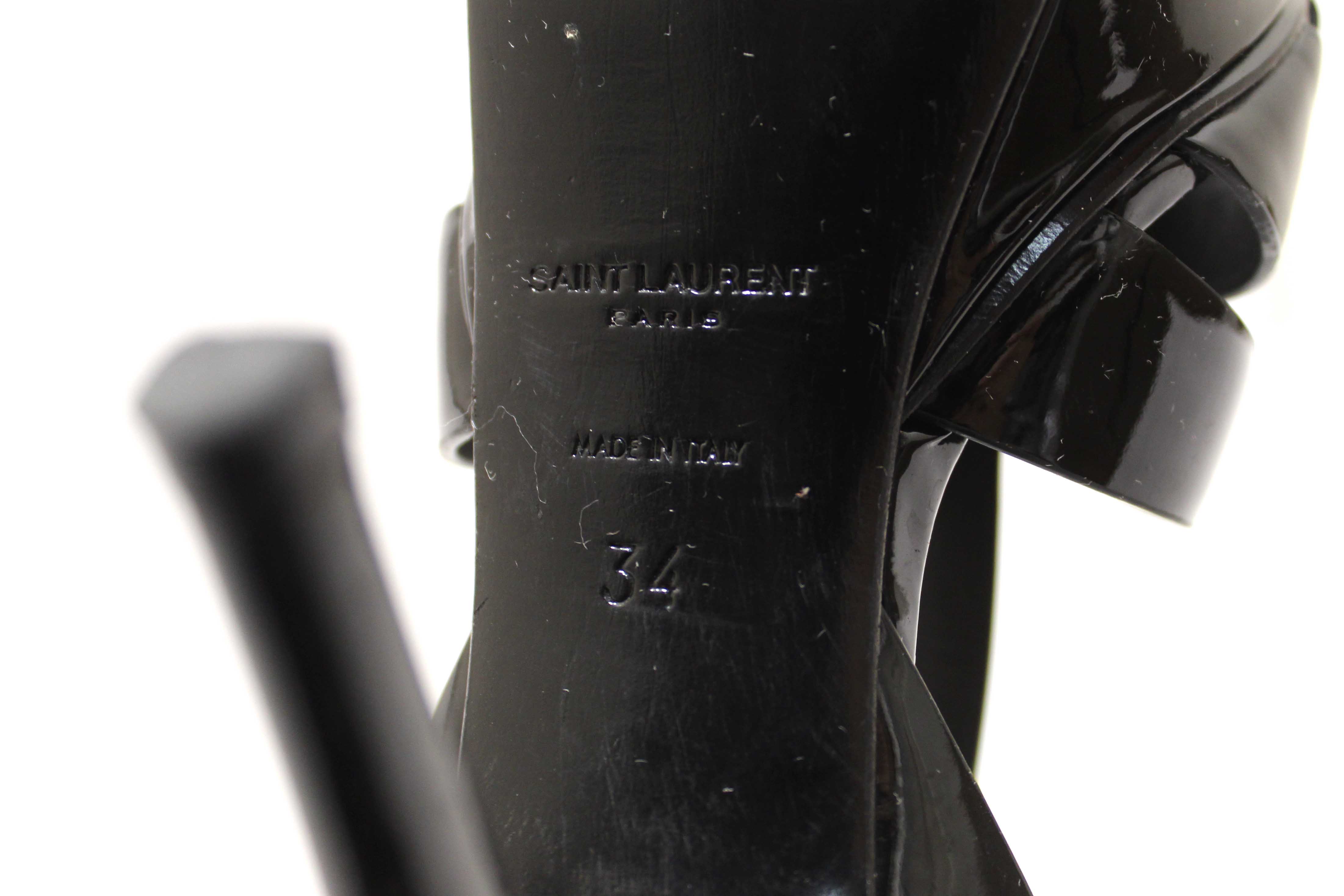 Authentic Yves Saint Laurent YSL Black Patent Leather Tribute Platform Sandals Size 34