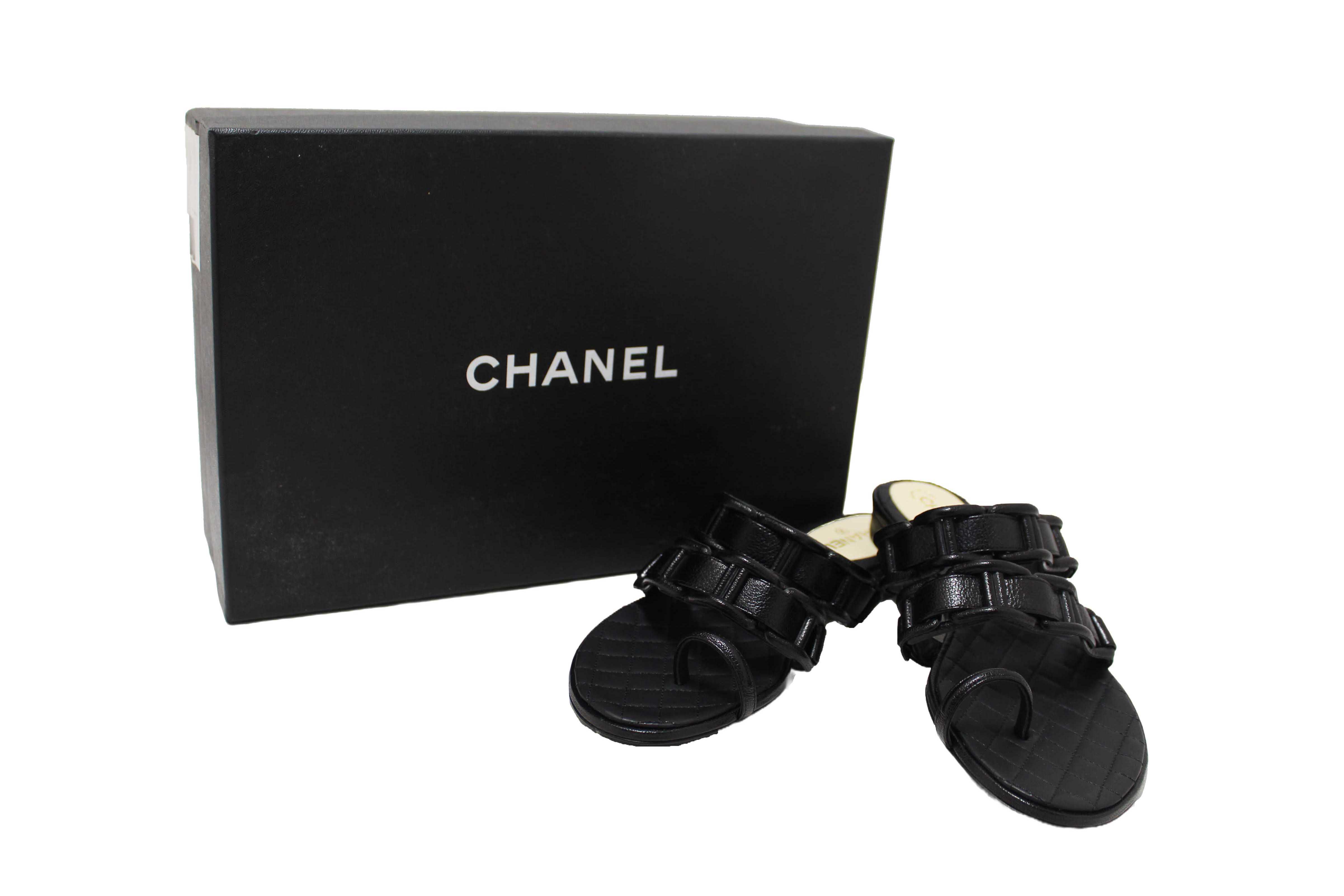 Authentic Chanel Black Leather Quilted Toe Flat Sandal Size 36