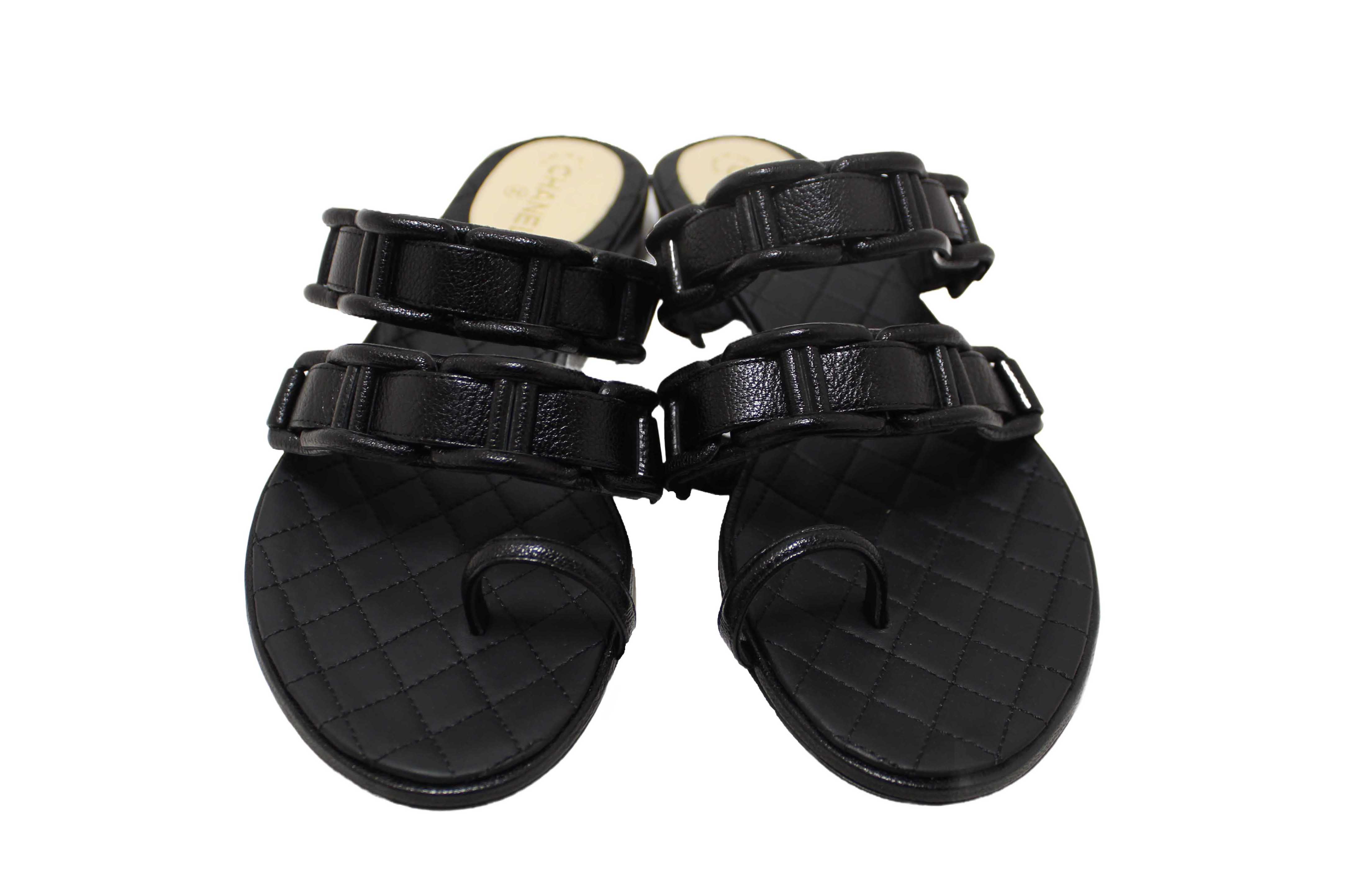 Authentic Chanel Black Leather Quilted Toe Flat Sandal Size 36
