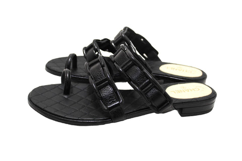 Authentic Chanel Black Leather Quilted Toe Flat Sandal Size 36
